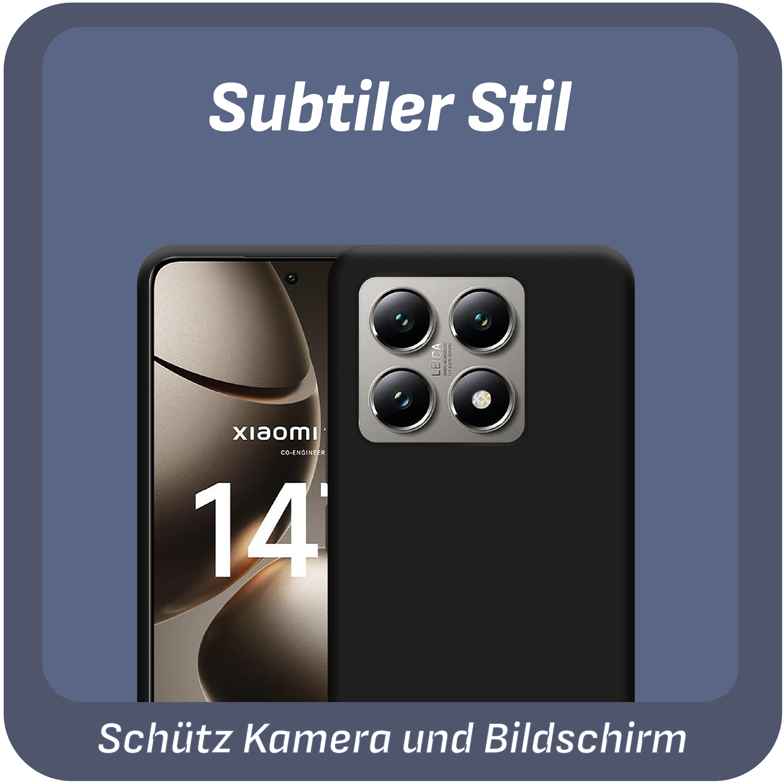 Schwarzes Telefon mit Kameramodul. Text auf dem Bildschirm: Xiaomi 14. Der Hintergrund ist ein dunkelblauer Rahmen.