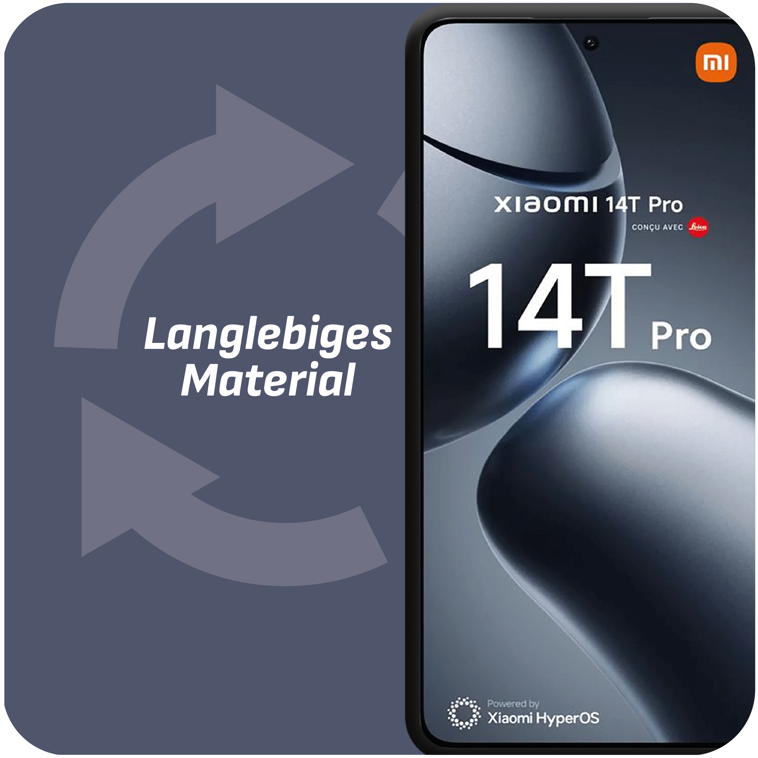 Ein Xiaomi 14T Pro-Telefon mit dem Text 'Langlebiges Material' und Xiaomi HyperOS.