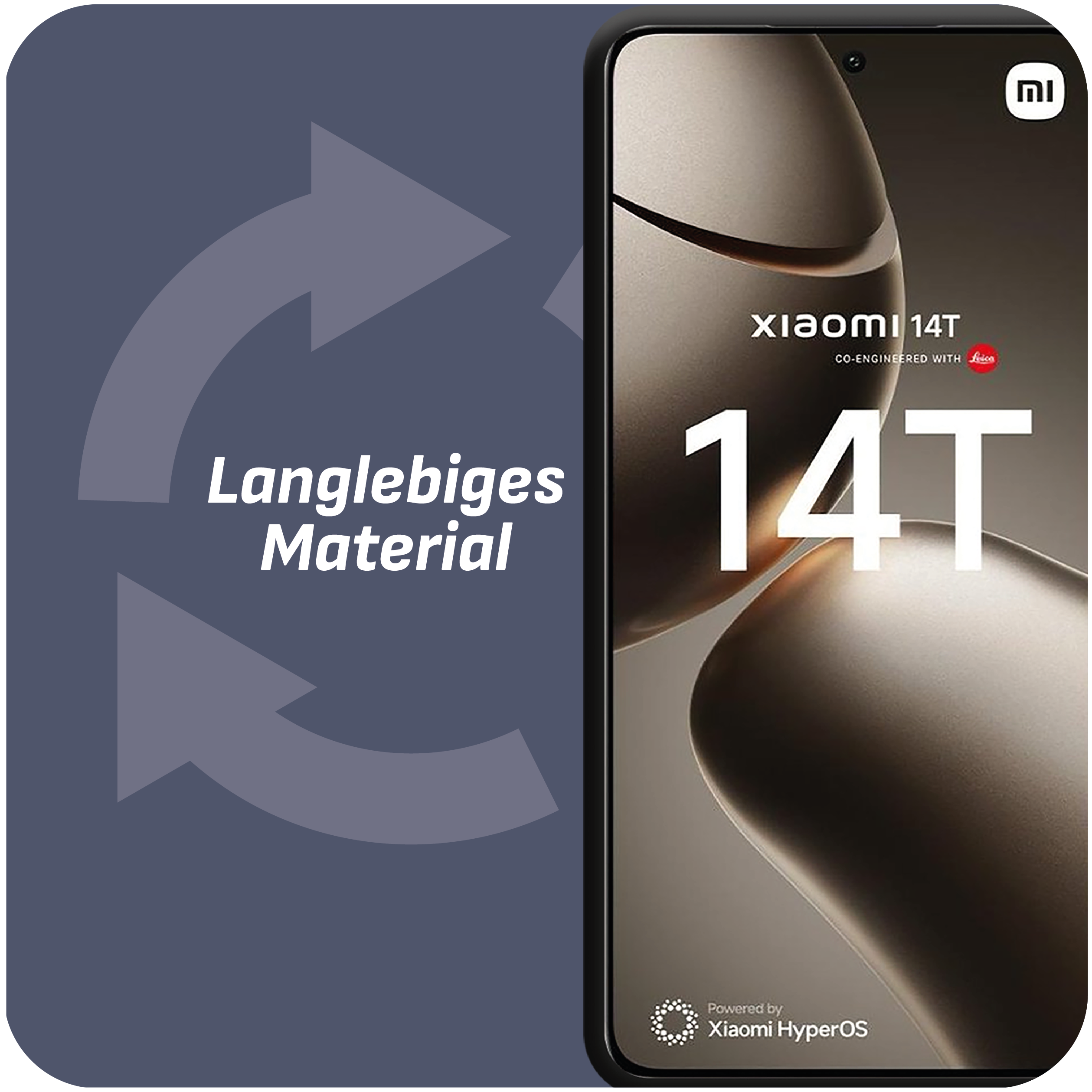 Xiaomi 14T-Telefonbildschirm mit wirbelndem Design. Pfeile und Text heben langlebiges Material hervor.