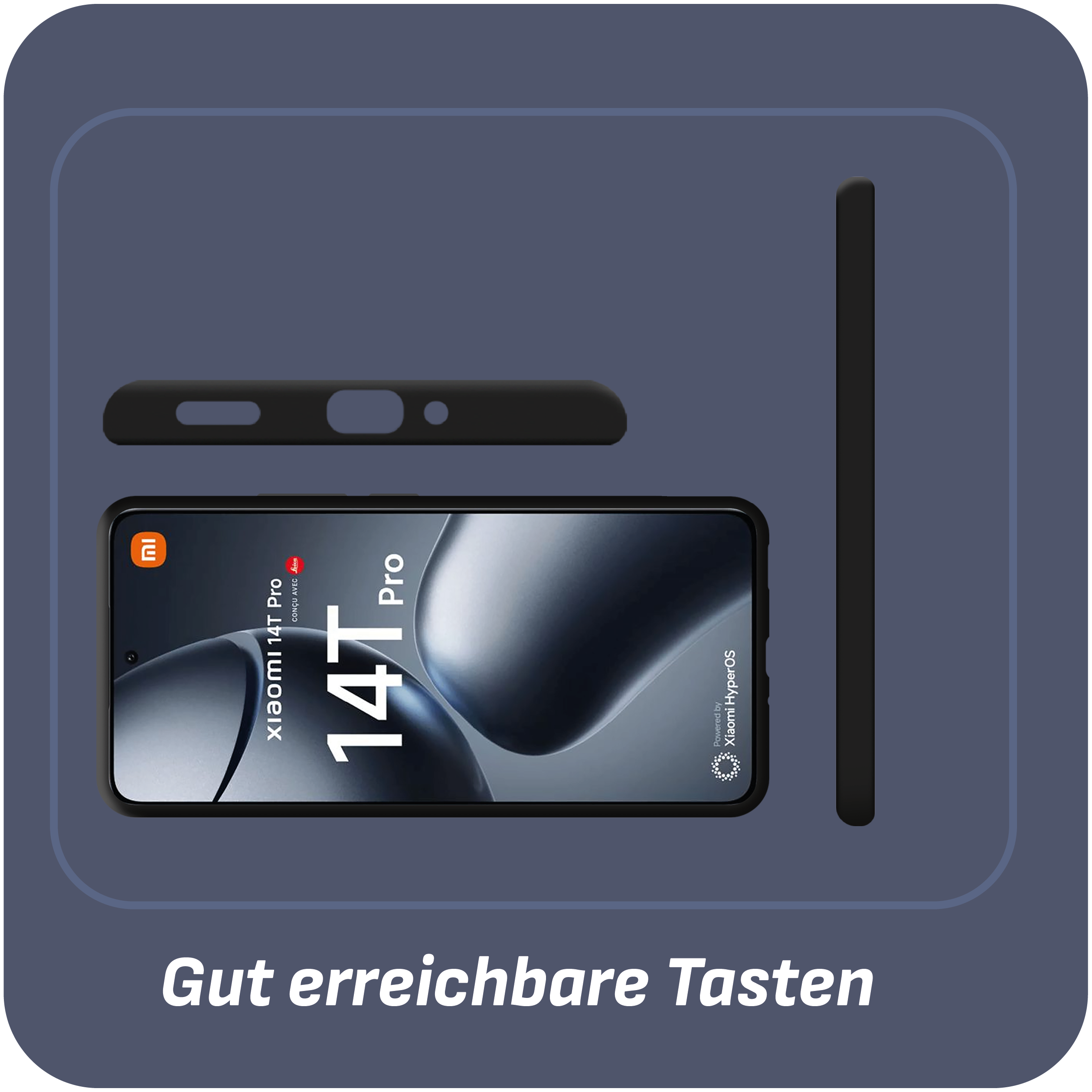 Schwarzes Smartphone mit Hülle neben der Hülle, mit Text am unteren Rand, auf blauem Grund.
