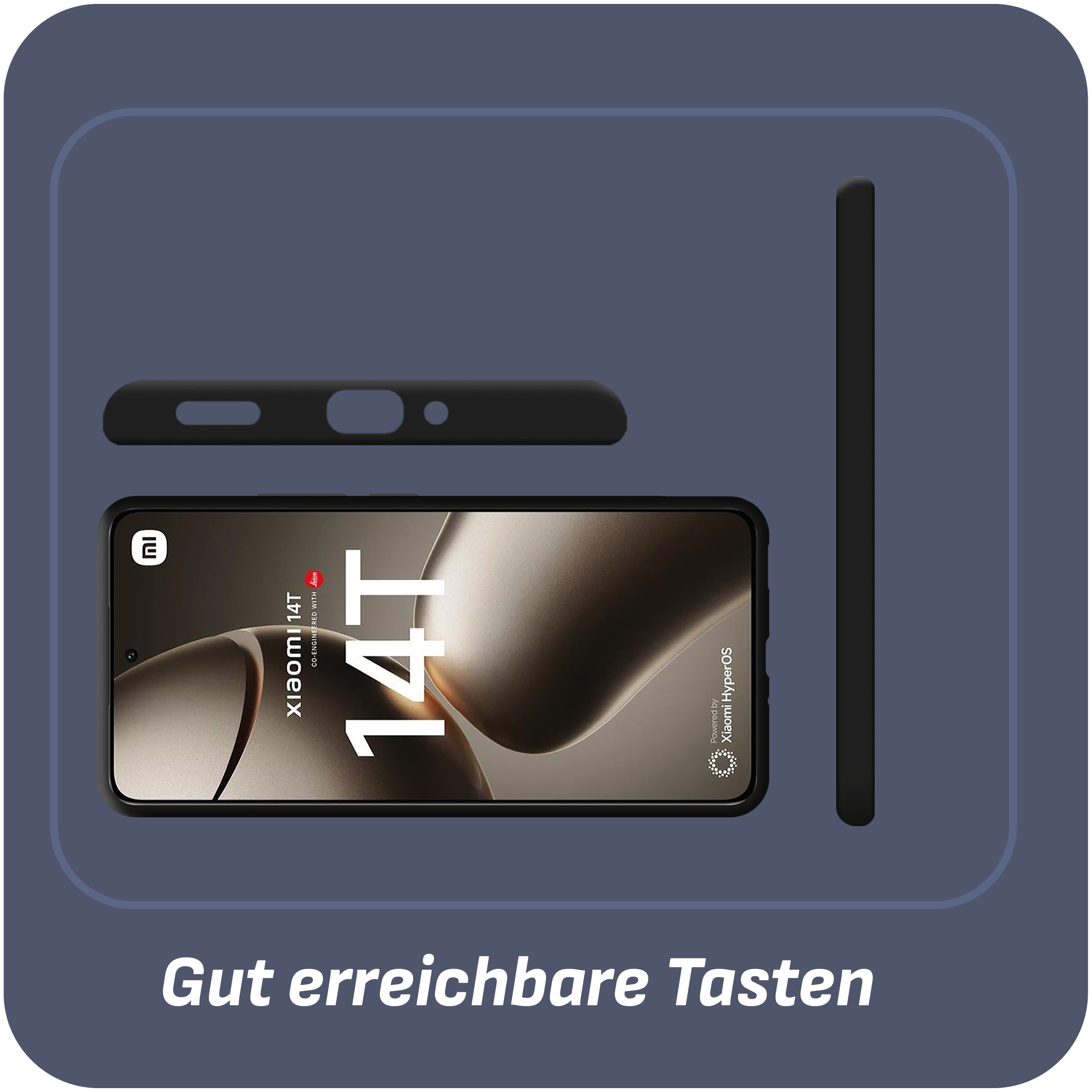 Ein Telefon mit Hülle, eine zusätzliche Hülle und eine Handyhülle werden auf dunkelblauem Hintergrund mit Text gezeigt.