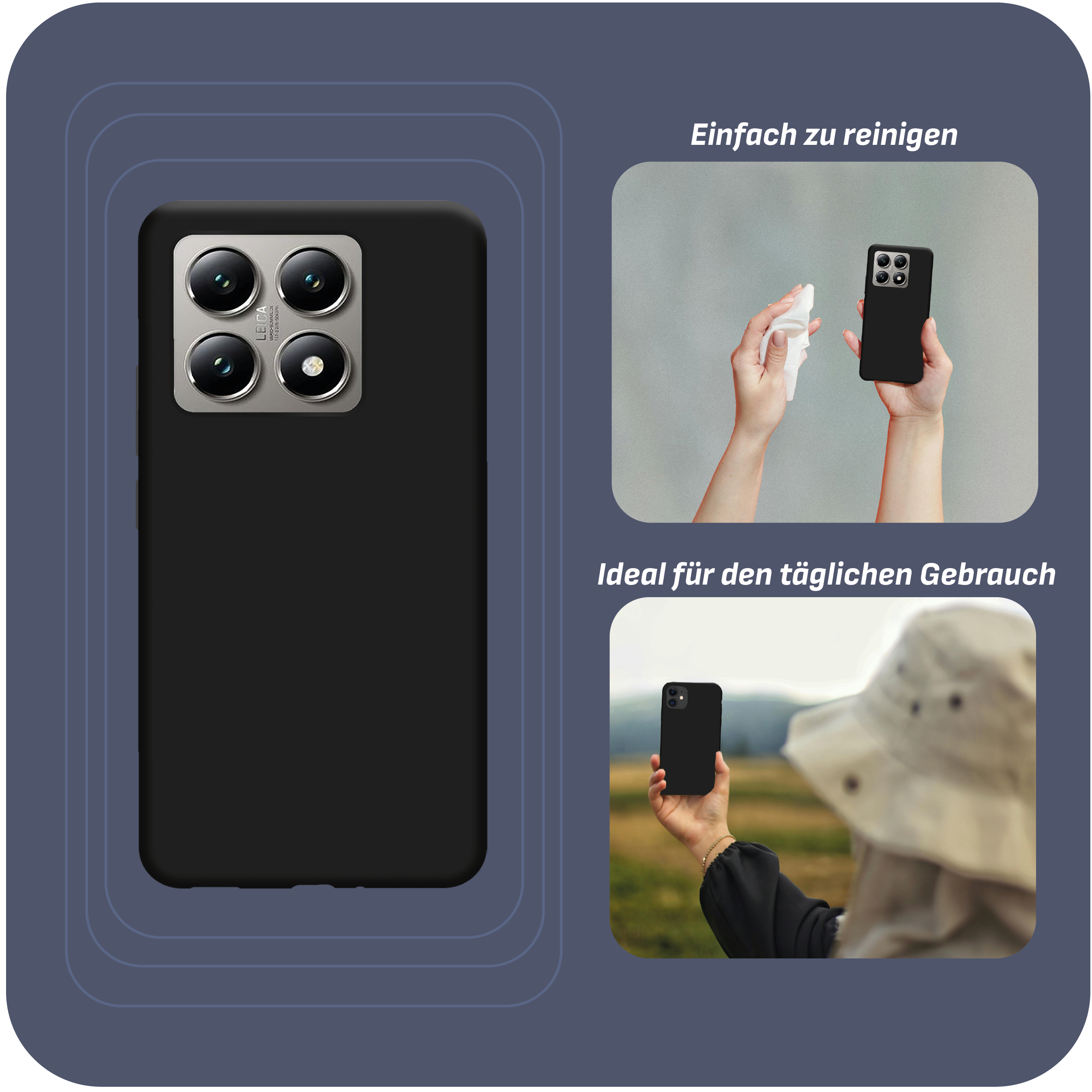 Schwarze Handyhülle mit Bildern eines Telefons, Händen, die das Telefon reinigen, und einer Person, die das Telefon benutzt.