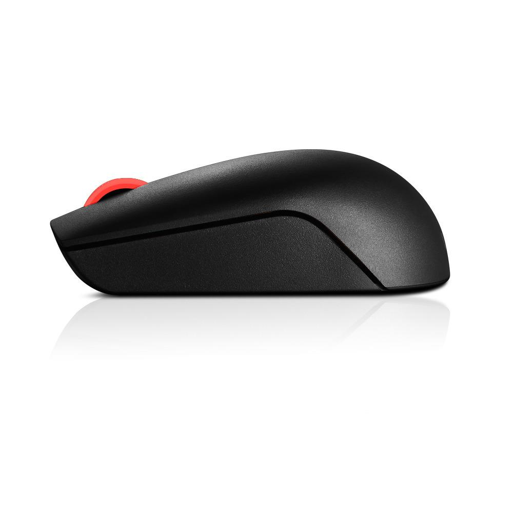 Zwarte Lenovo-muis, zijaanzicht. Rood scrollwiel. Witte achtergrond.