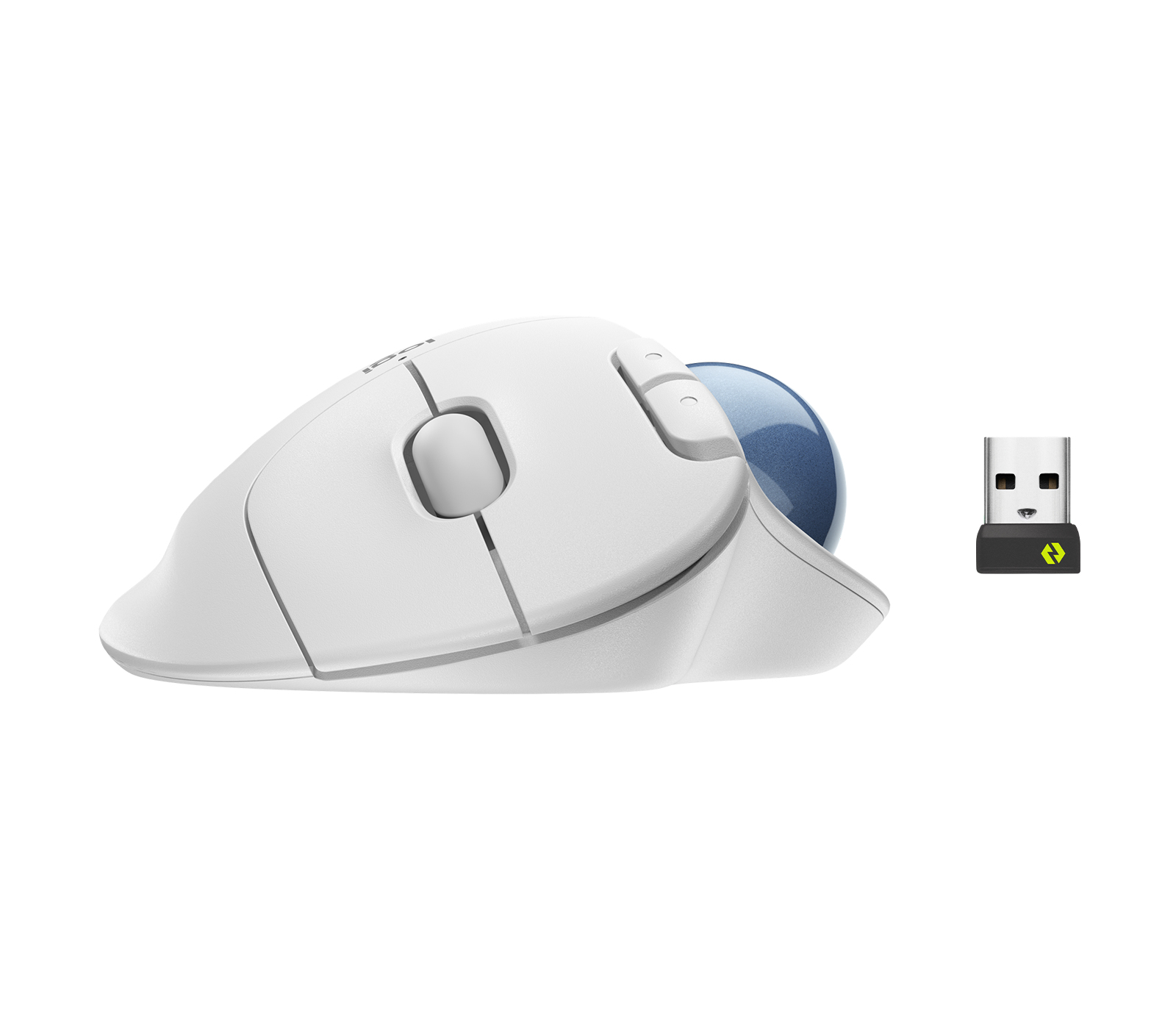 Weiße Trackball-Maus mit blauem Ball und USB-Empfänger. Die Maus liegt auf weißem Untergrund, isoliert.