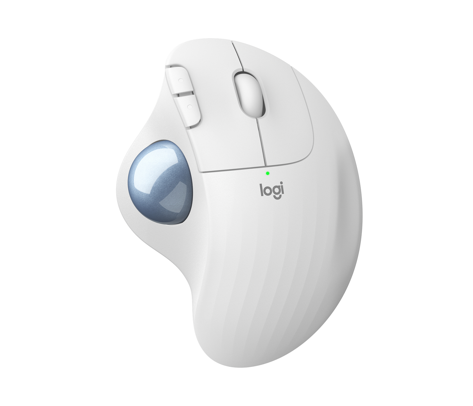 Weiße Maus mit blauem Trackball links. Logi-Logo auf der Maus.