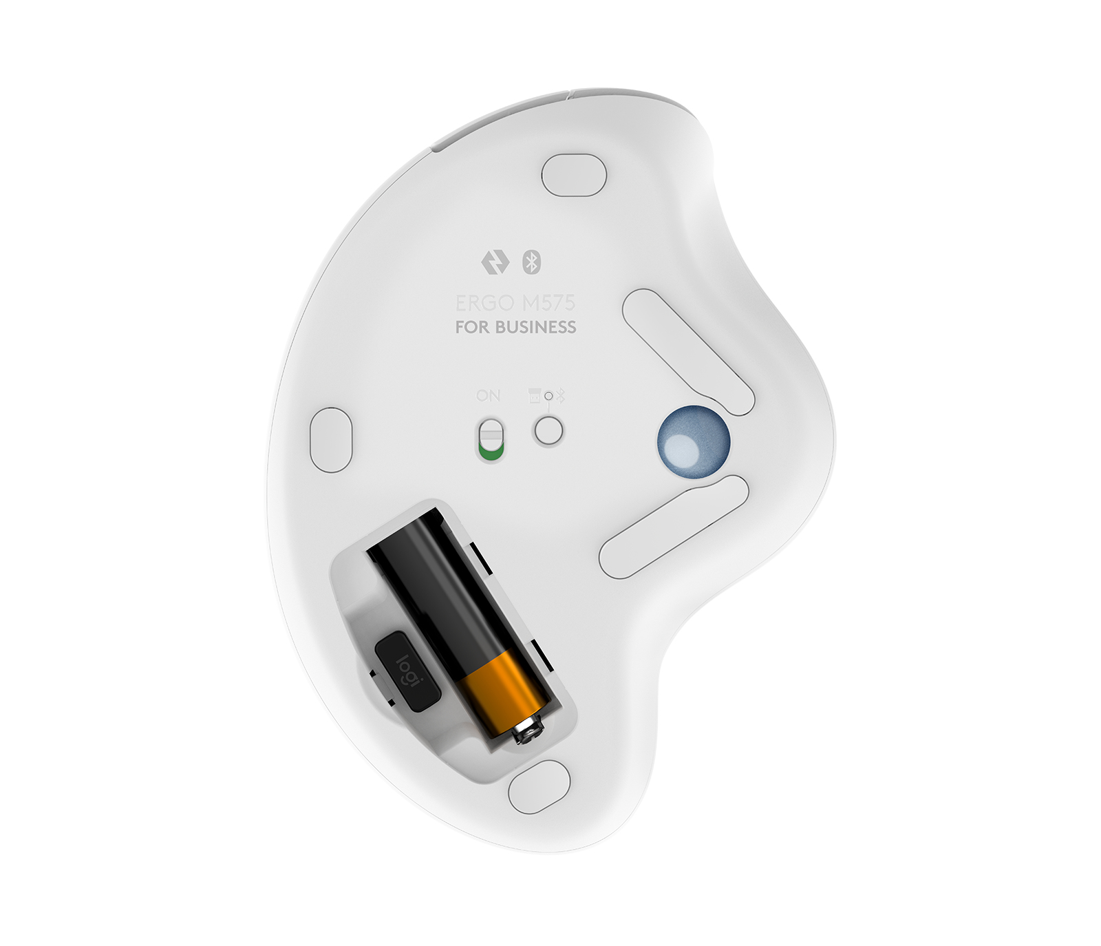 Unteransicht einer weißen ergonomischen Maus mit offenem Batteriefach.