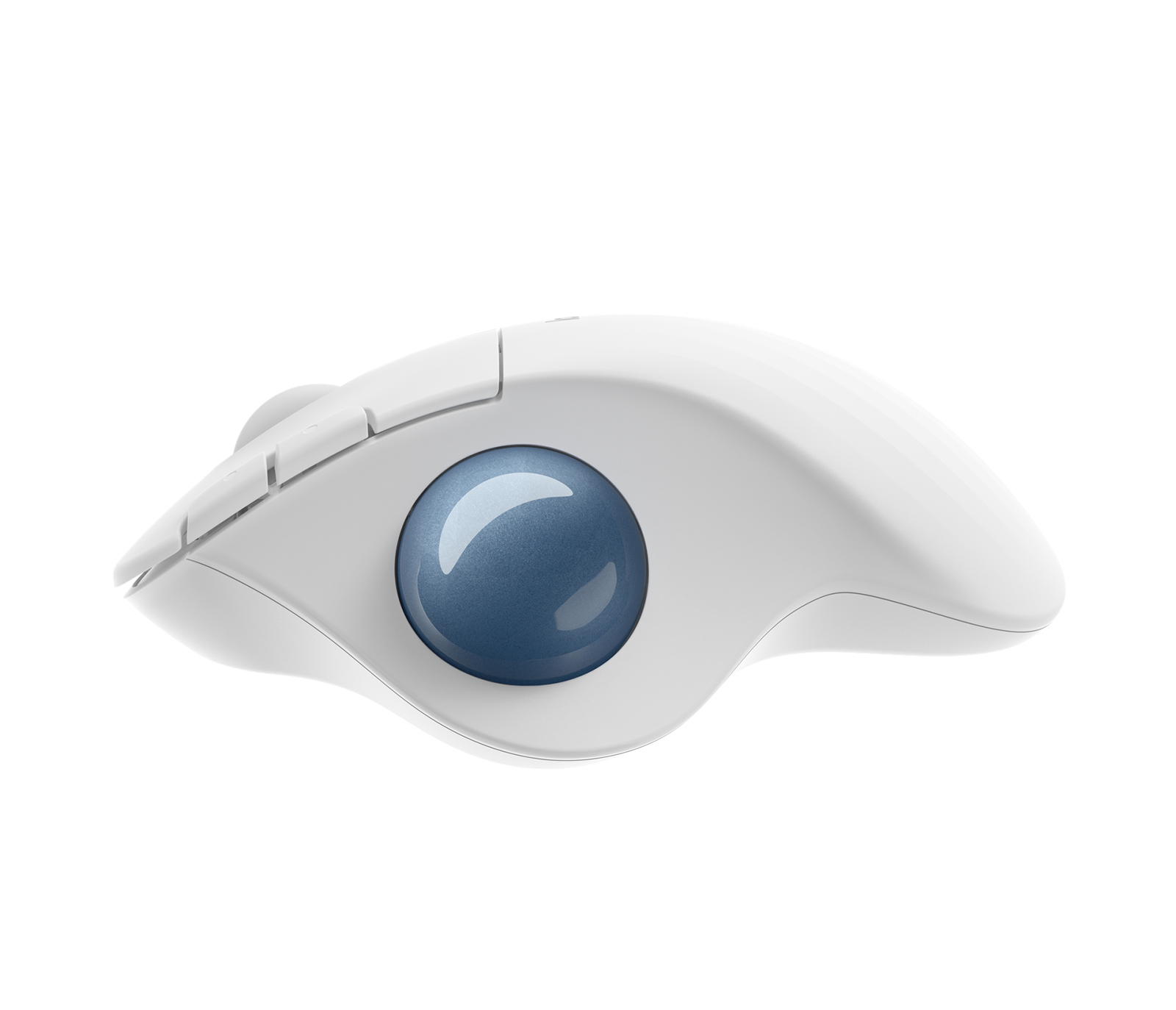 Weiße Maus mit blauem Trackball, schräge Ansicht. Die Maus hat ein einzigartiges ergonomisches Design.