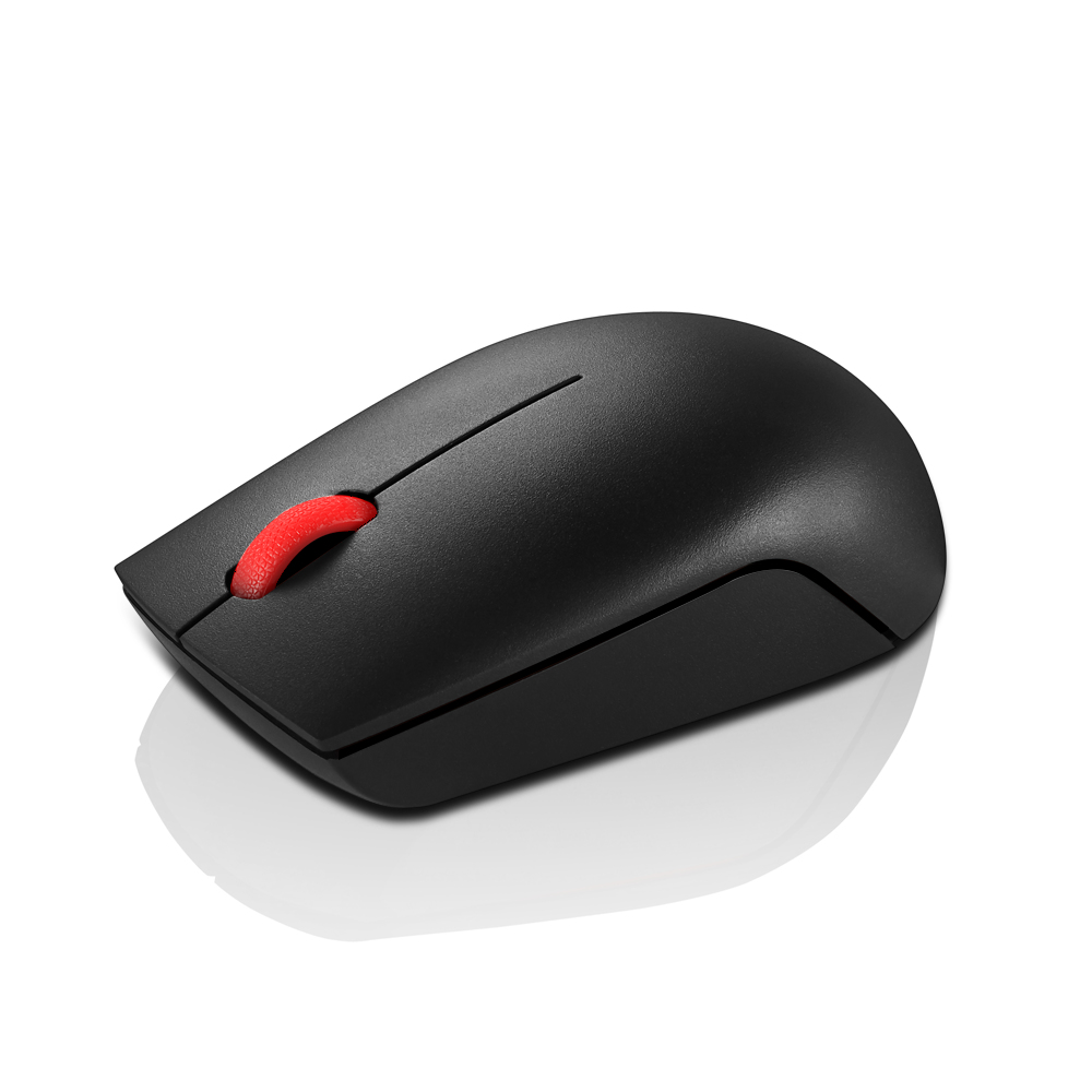 Mouse Lenovo nero con rotellina rossa. Sfondo bianco con ombra morbida.