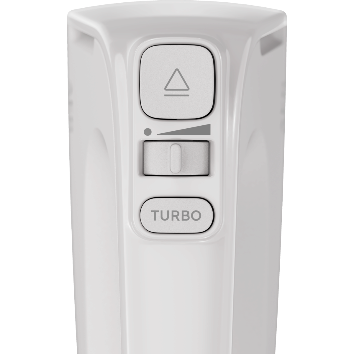 Primer plano de una licuadora blanca con botones para arriba, abajo y turbo.