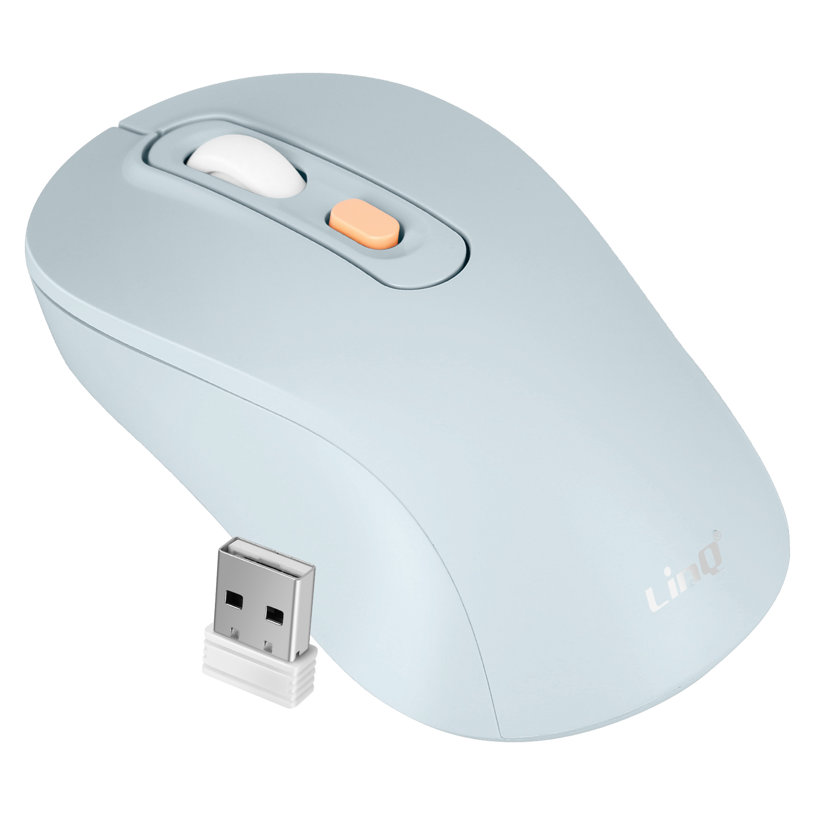 Mouse wireless azzurro con rotella arancione e ricevitore USB. Sfondo bianco.