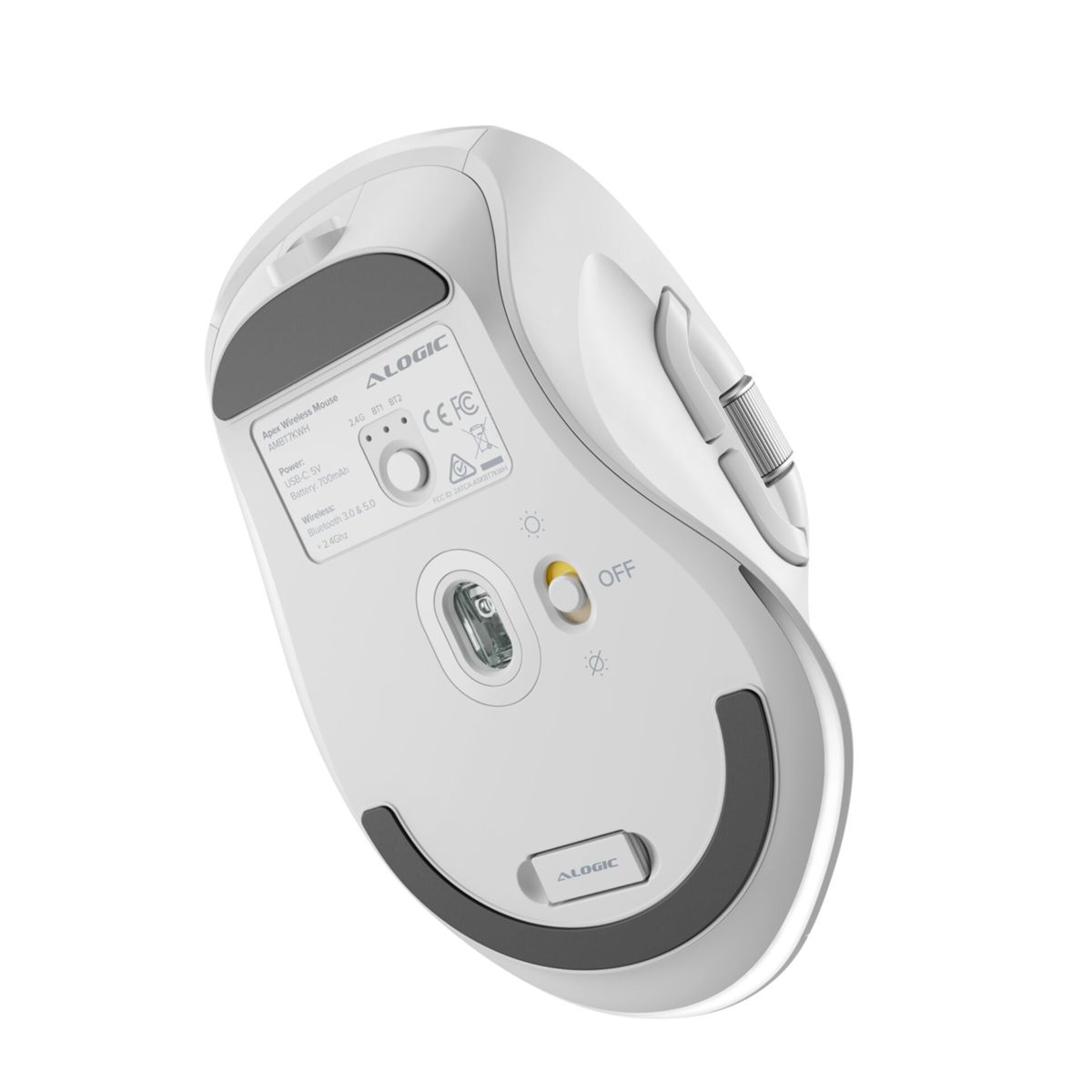 Weiße ergonomische Maus mit Tasten, Scrollrad und Ein-/Ausschalter unten.
