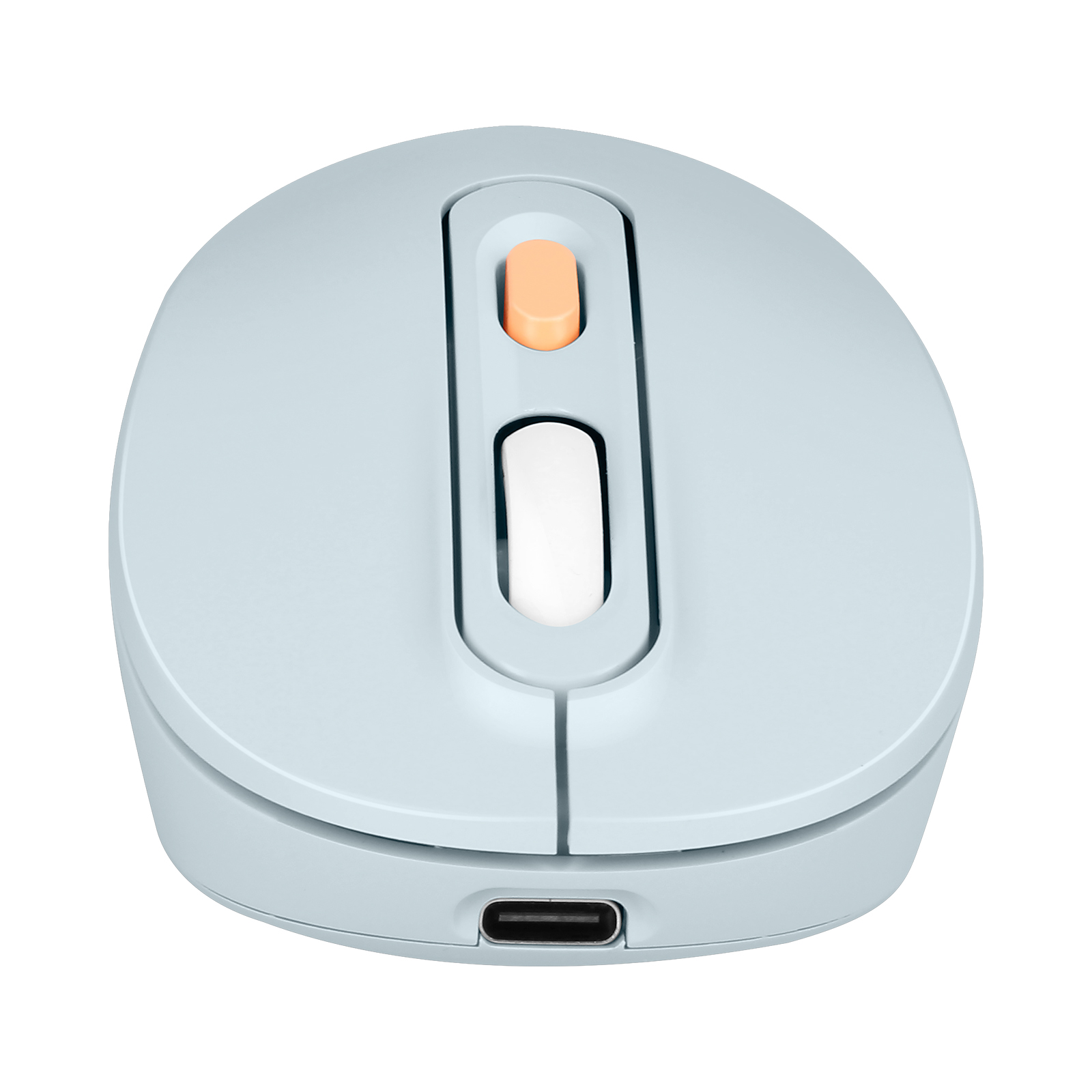 Un mouse wireless azzurro con un pulsante arancione e una rotella bianca.