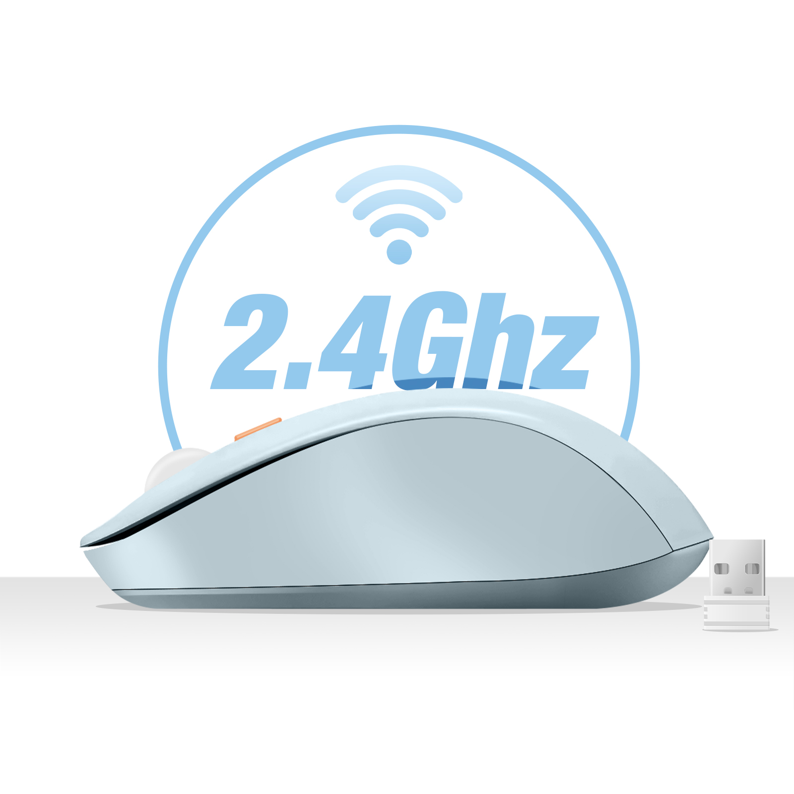 Un mouse wireless blu con un ricevitore USB. Le parole '2,4 GHz' sono sopra il mouse.
