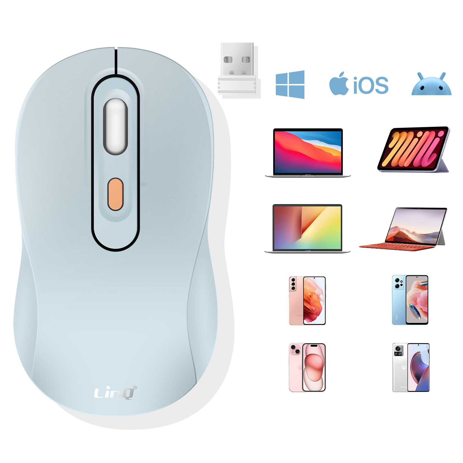 Mouse wireless azzurro con rotella di scorrimento e ricevitore USB, con icone dei dispositivi.
