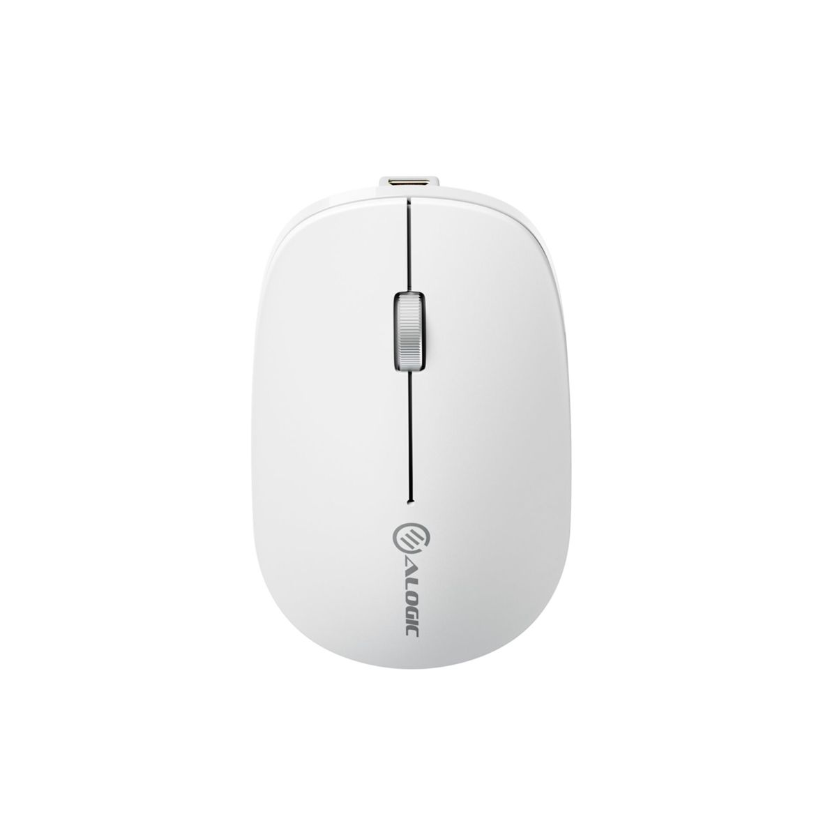 Mouse bianco con rotella di scorrimento e logo Alogic. Sfondo bianco.