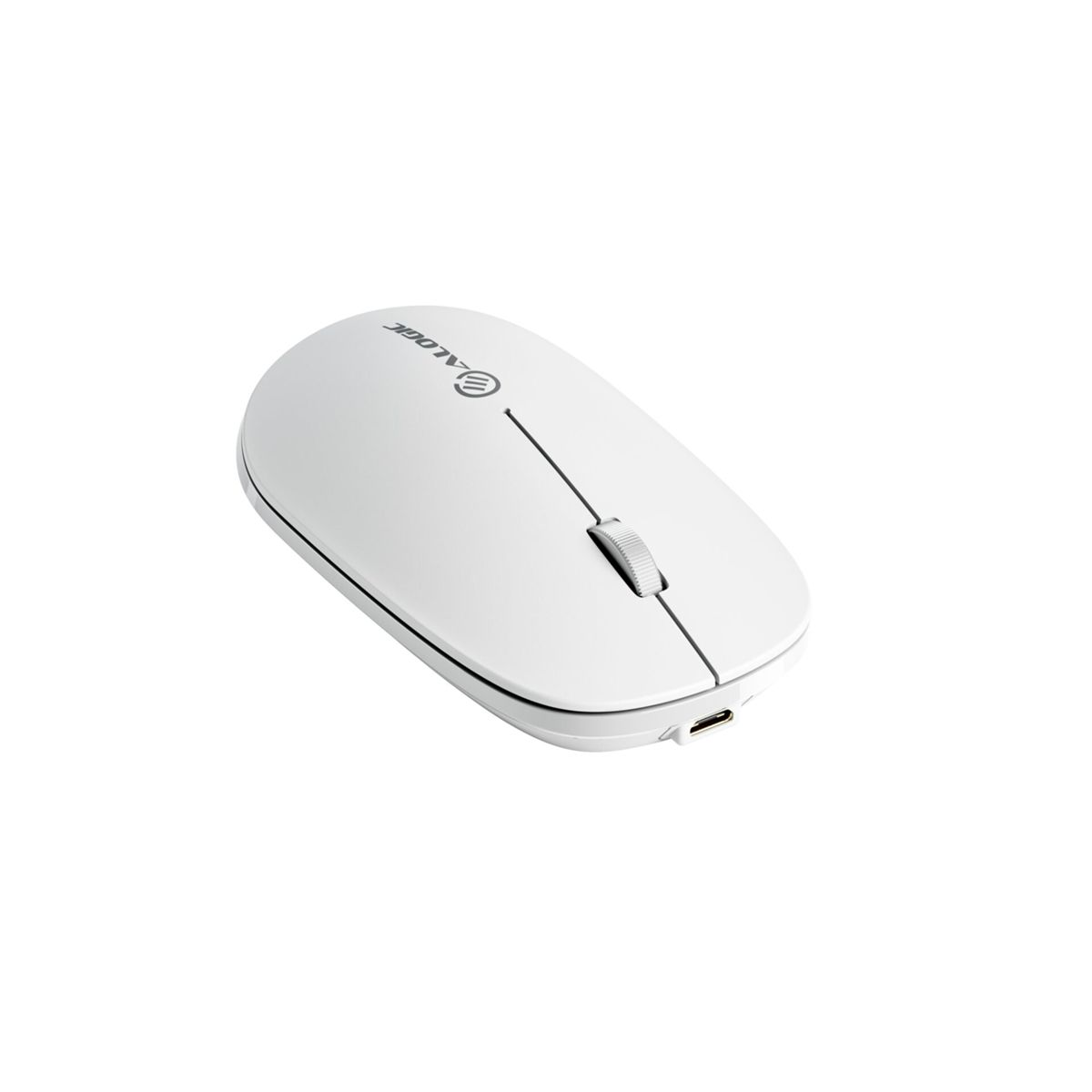 Mouse wireless bianco con rotella di scorrimento. Il mouse ha un design elegante e minimalista.