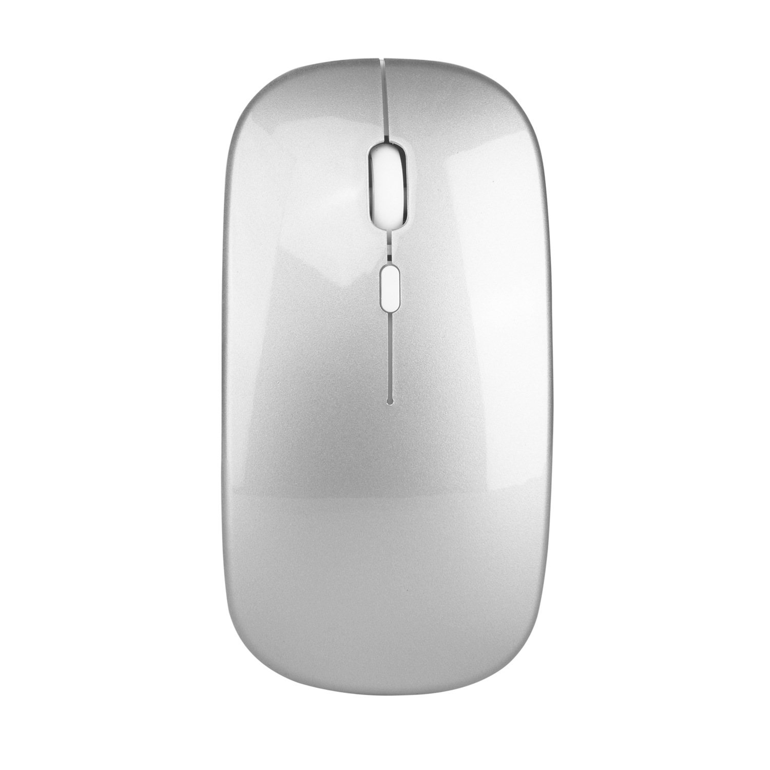 Mouse per computer argento, vista dall'alto, sfondo bianco.