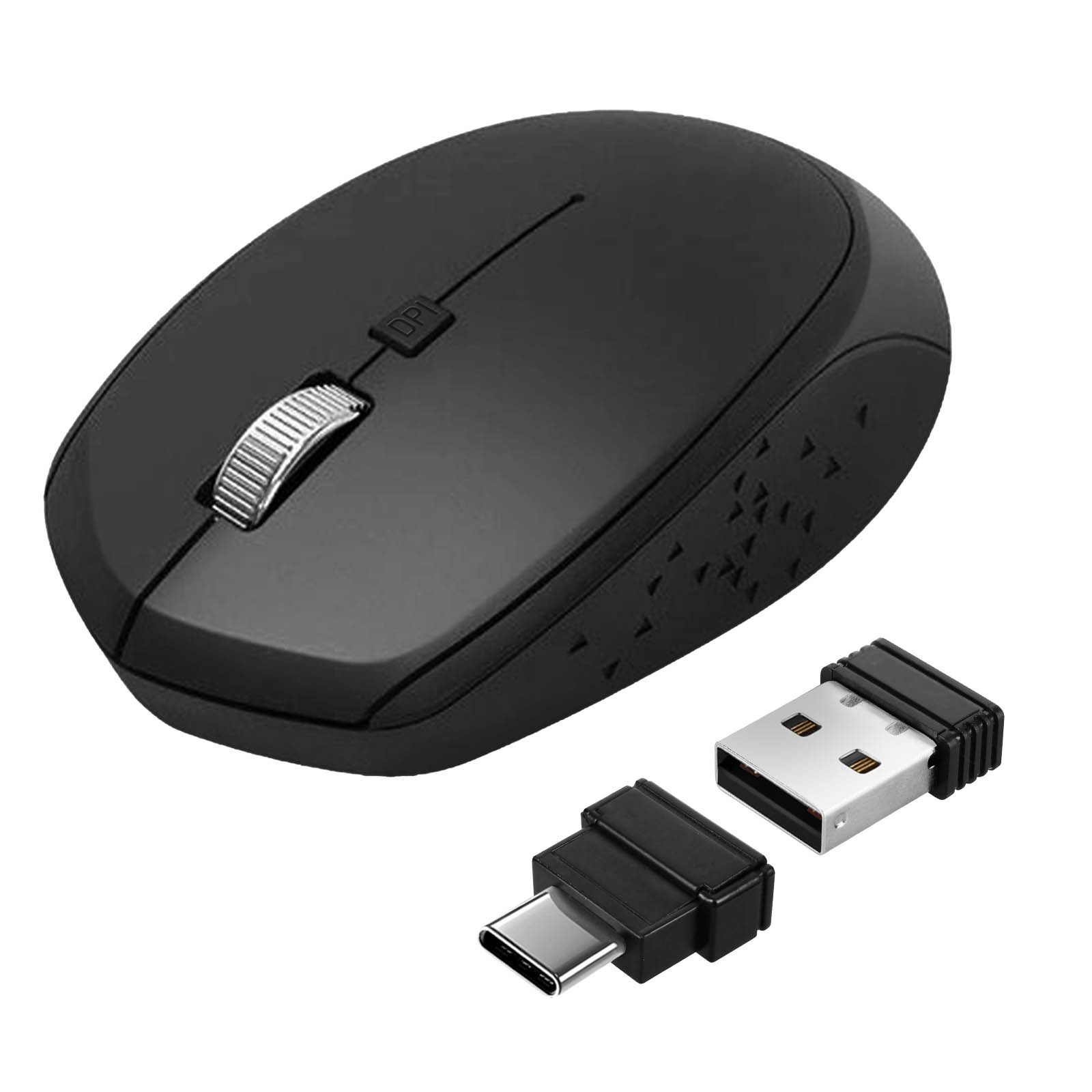 Mouse wireless nero con rotella e ricevitore USB. Ha anche un adattatore USB-C.