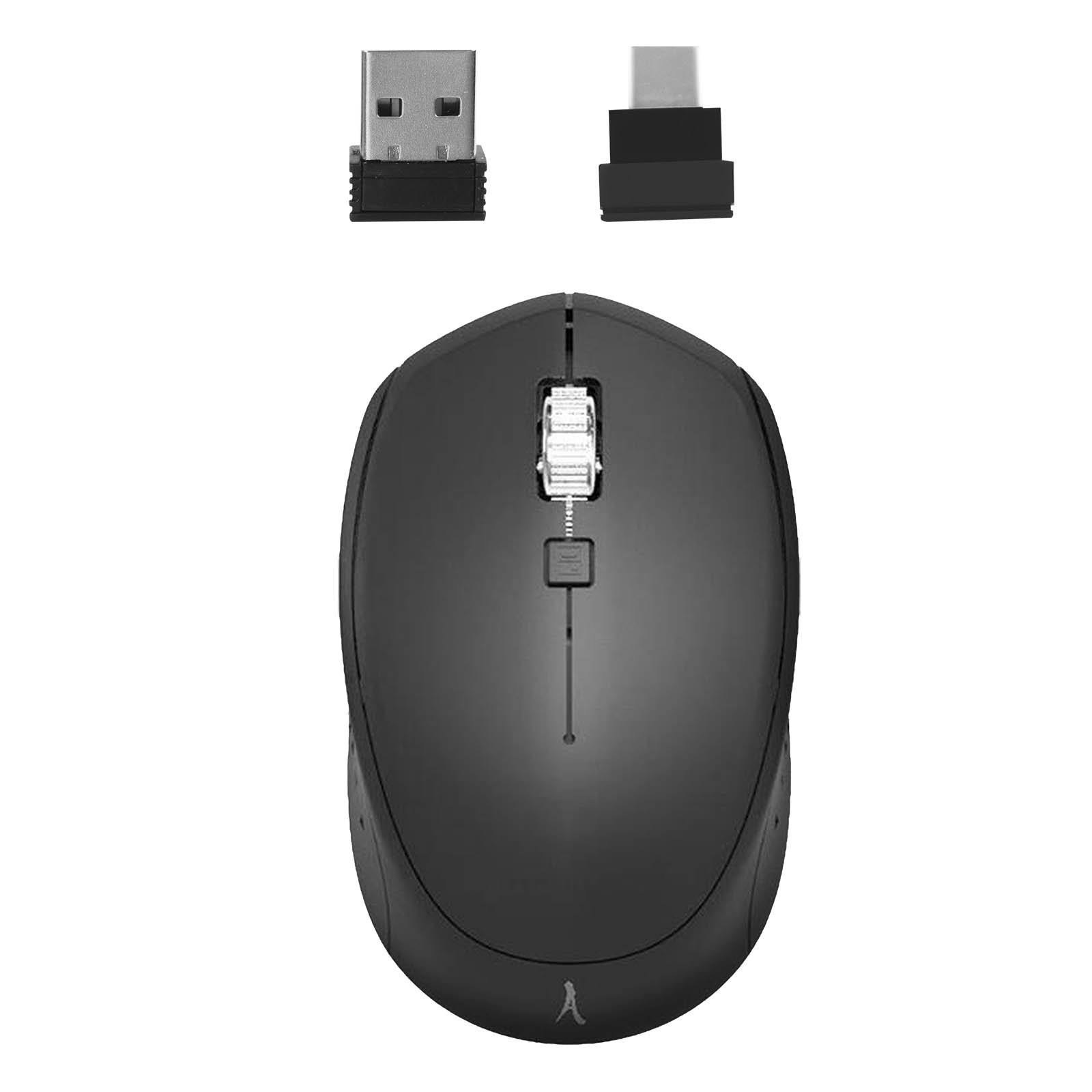 Mouse per computer nero con ricevitore USB. Il mouse ha una rotella e pulsanti sopra.