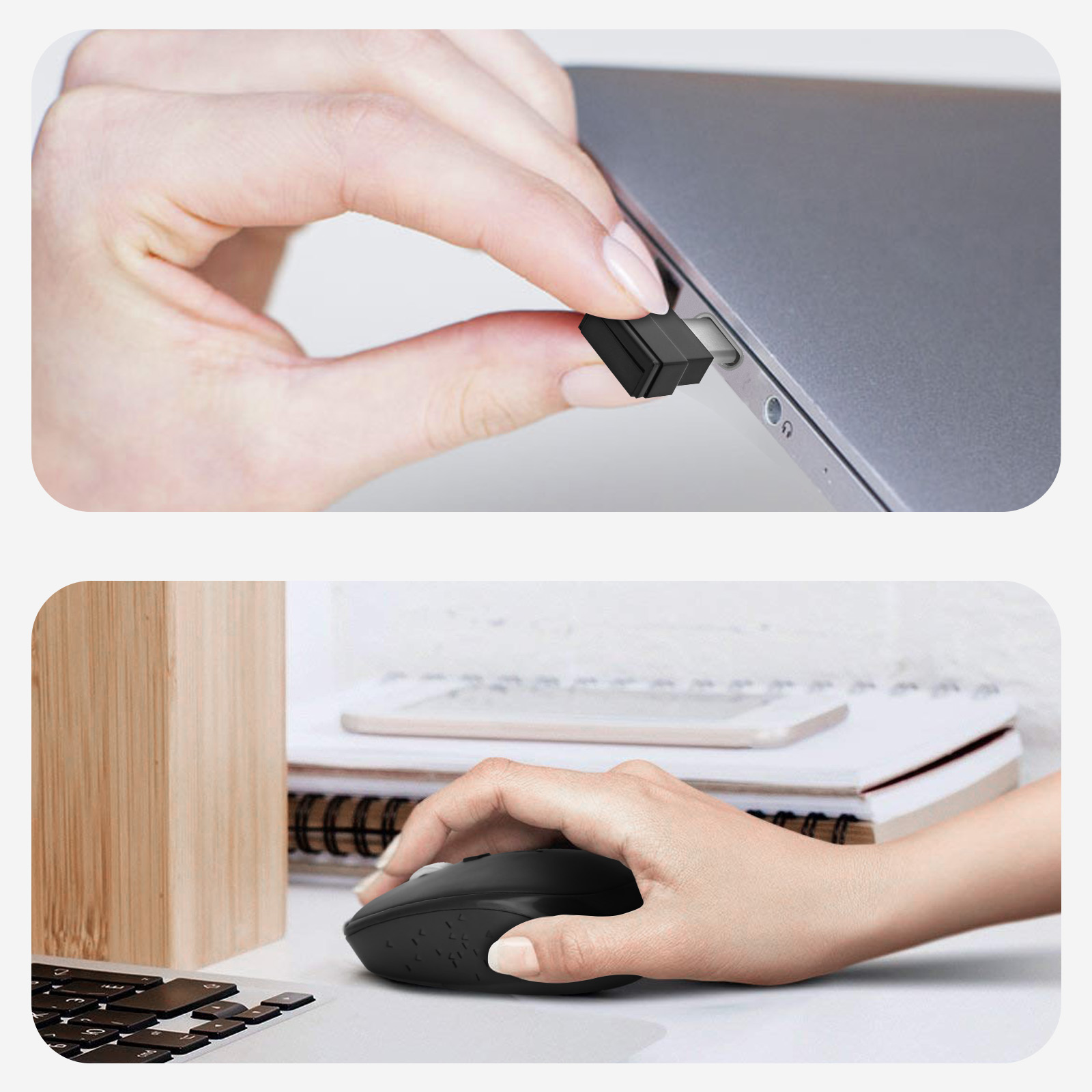 Mani che collegano un ricevitore USB nero a un laptop e usano un mouse nero con superficie strutturata.