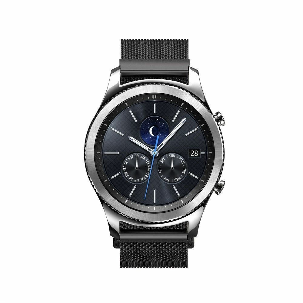 Silber-schwarze Smartwatch mit dunklem Zifferblatt. Die Uhr zeigt Tag, Datum und Uhrzeit.