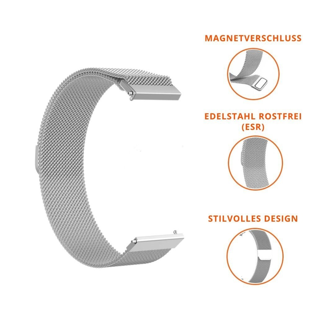 Ein silbernes Uhrenarmband. Nahaufnahmedetails umfassen einen Verschluss und das Mesh-Design.
