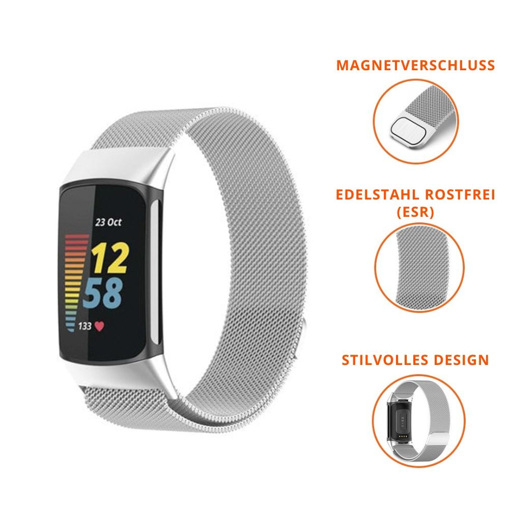 Silbernes Smartwatch-Armband. Details: Magnetverschluss, Edelstahl, stilvolles Design.