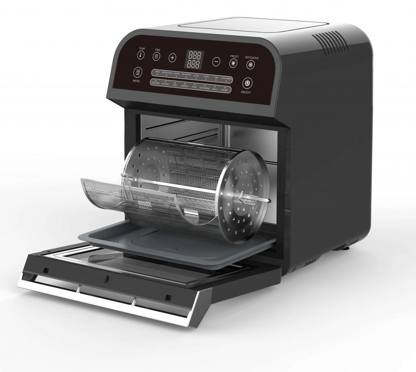 Schwarze Heißluftfritteuse. Geöffnet, zeigt einen rotierenden Korb und ein Tablett. Digitales Display.