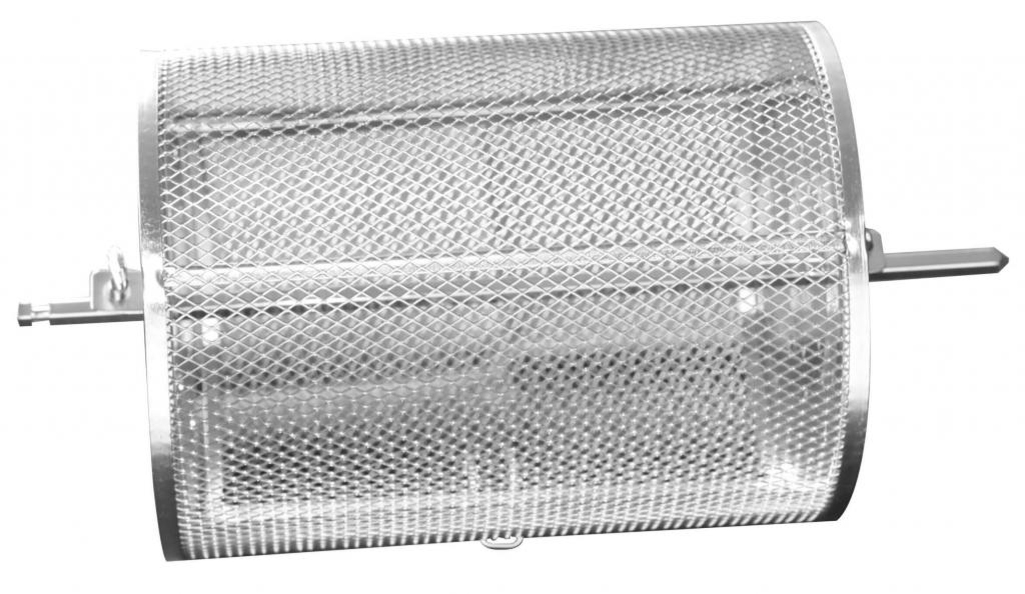 Ein Metallgrill zum Kochen mit Drehmechanismus, isoliert auf weißem Hintergrund.