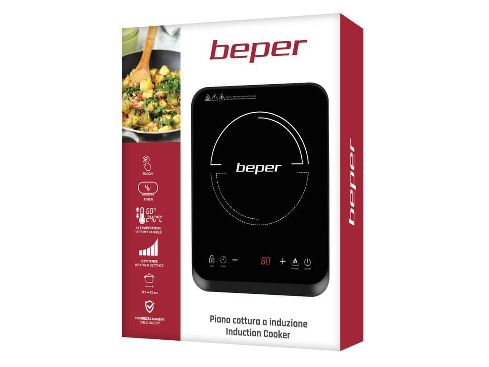 Czarne pudełko płyty indukcyjnej Beper, ze zdjęciem jedzenia i instrukcjami gotowania.