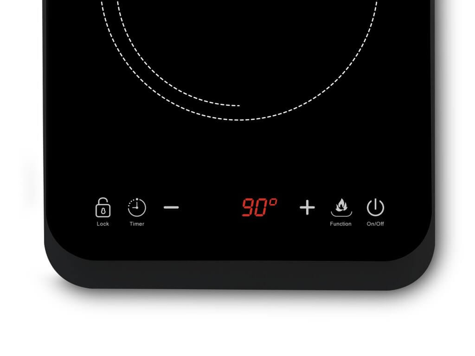 Czarny panel sterowania płytą indukcyjną z wyświetlaczem temperatury i przyciskami funkcji.