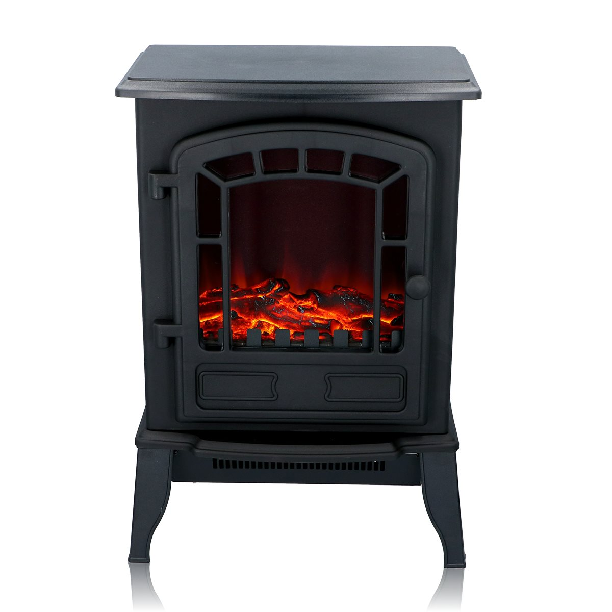 Schwarzer Elektrokamin. Mit Flammeneffekt und schwarzem Gehäuse.