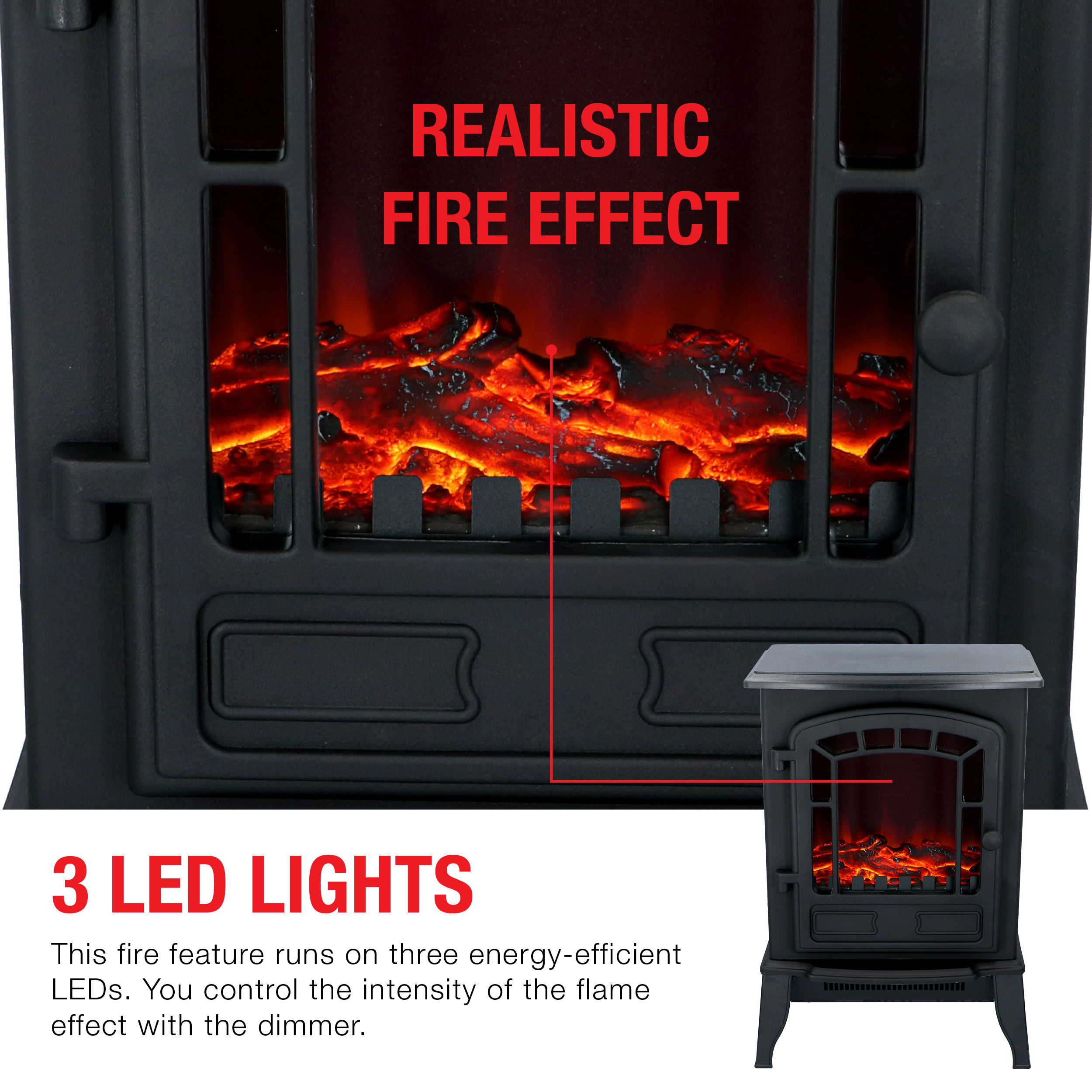 Schwarzer Kamin mit realistischer Feuerwirkung und 3 LED-Leuchten.