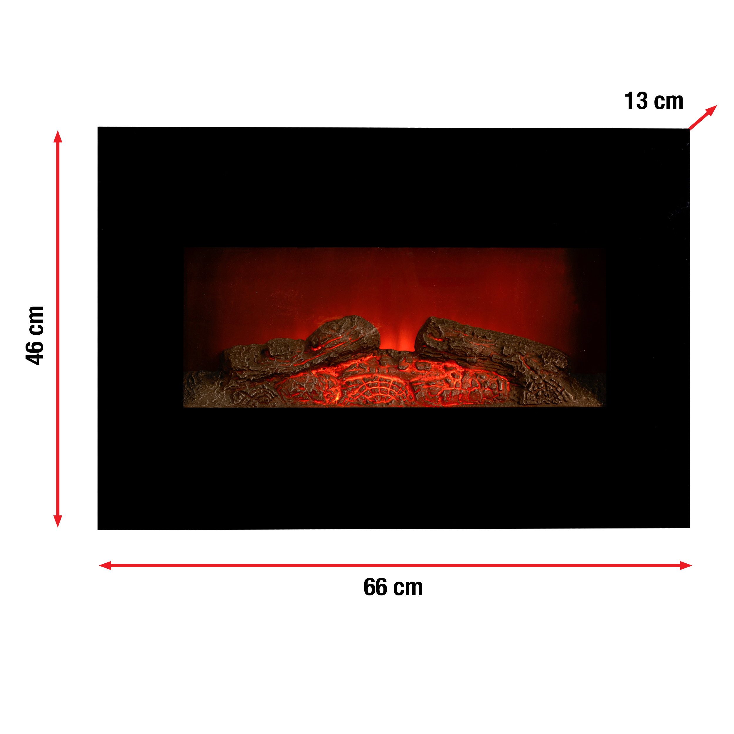 Schwarzer Elektrokamineinsatz, Flammeneffekt mit Abmessungen, isoliert auf weißem Hintergrund.