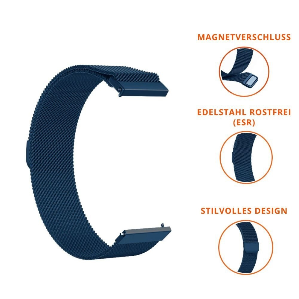 Blaues Uhrenarmband mit Detailaufnahmen. Magnet, Edelstahl und Design-Infos.