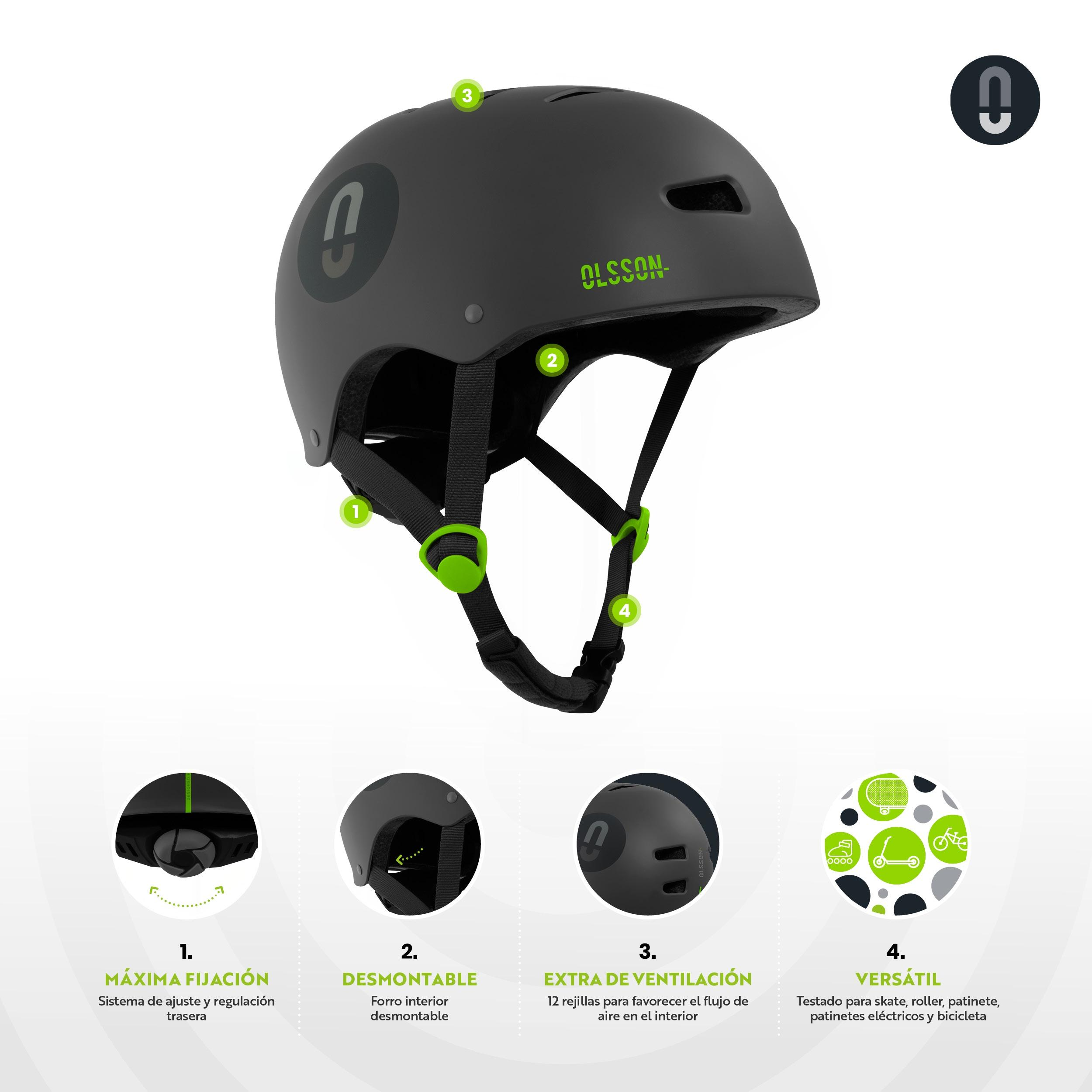 Casco Olsson negro con correas verdes. Características: ajuste, interior extraíble, ventilación y versatilidad.
