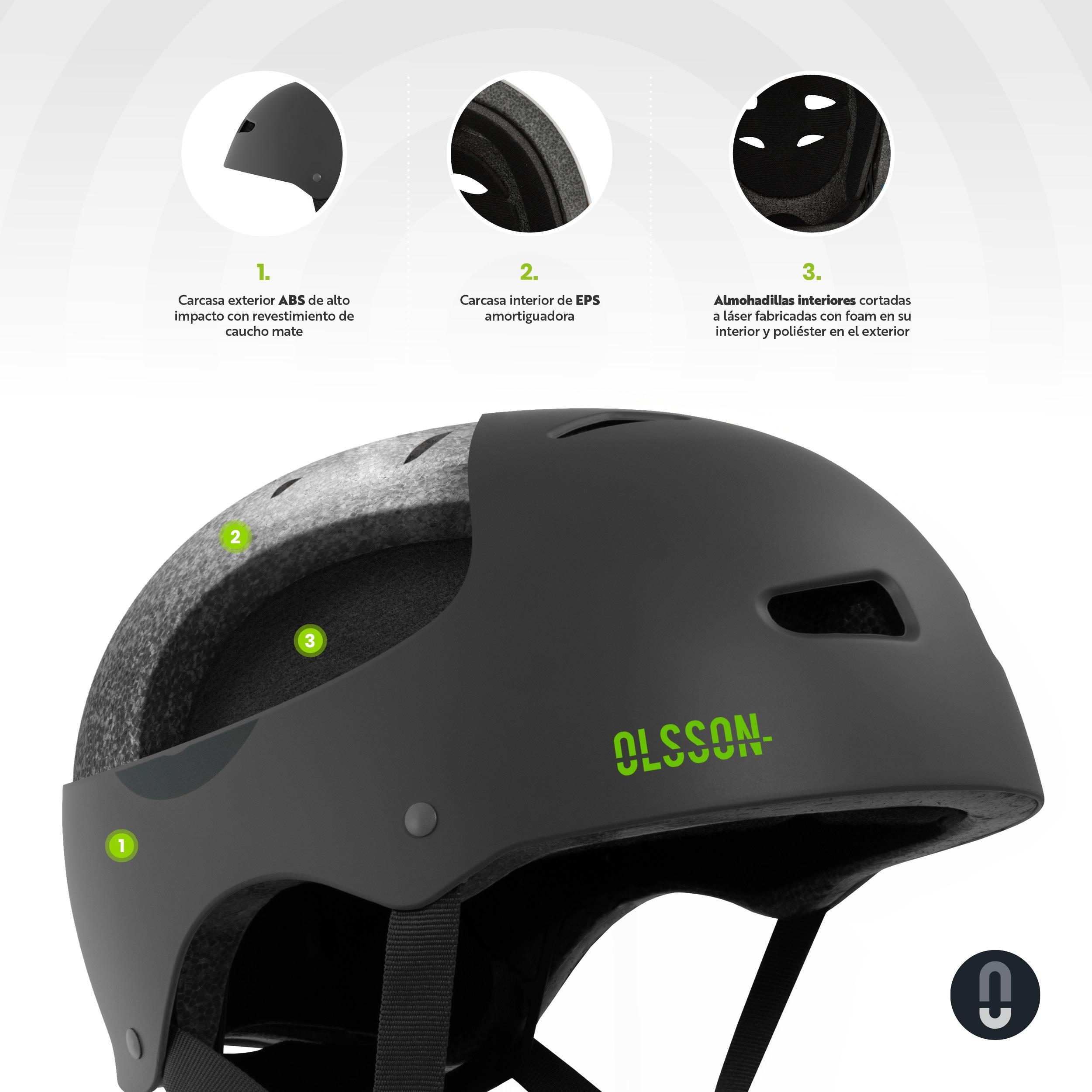 Corte transversal de un casco negro, mostrando sus componentes: carcasa exterior, interior de EPS y acolchado interior.