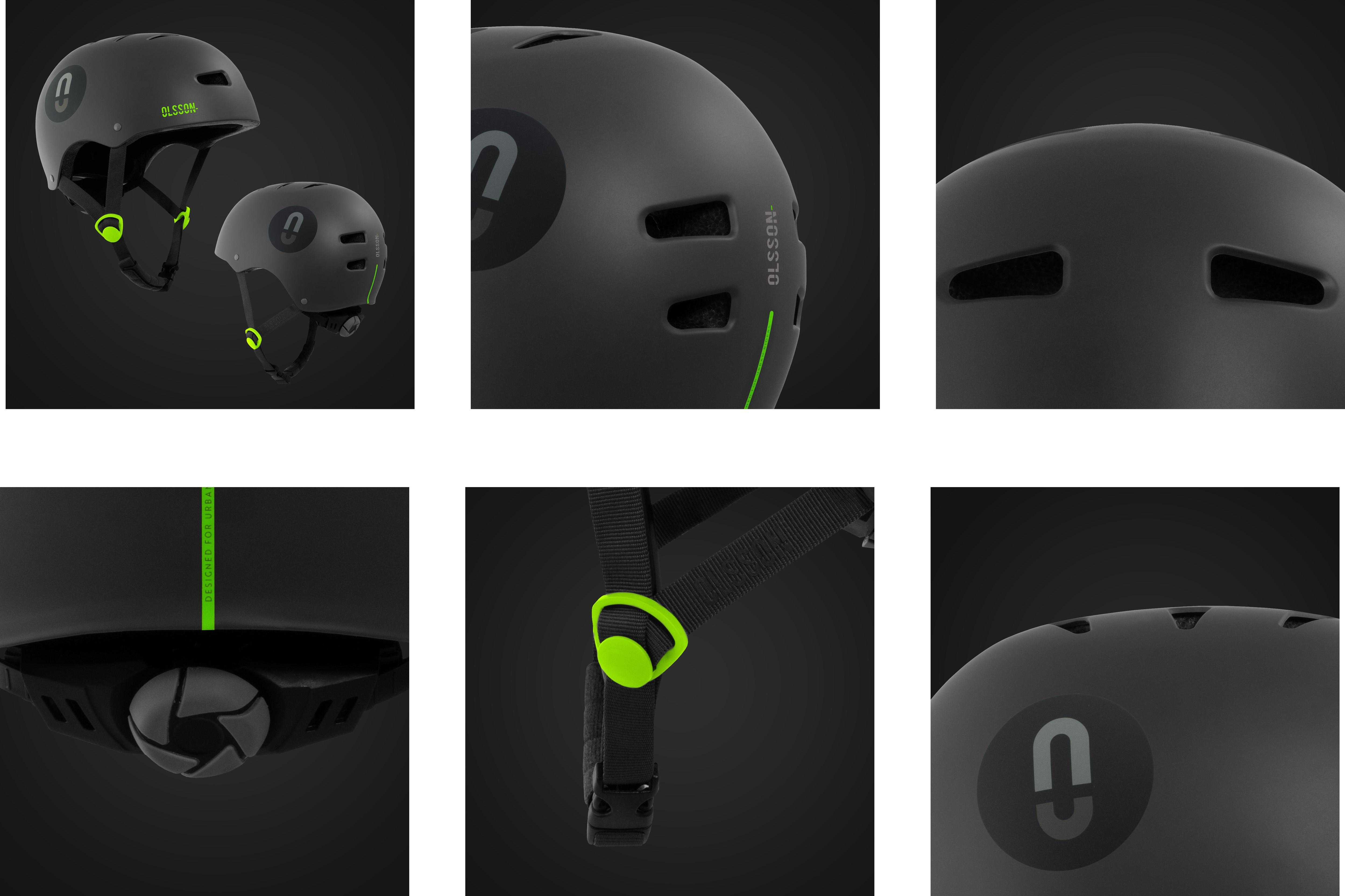 Juego de cascos Olsson negros, varios ángulos, detalles verdes, fondo oscuro.