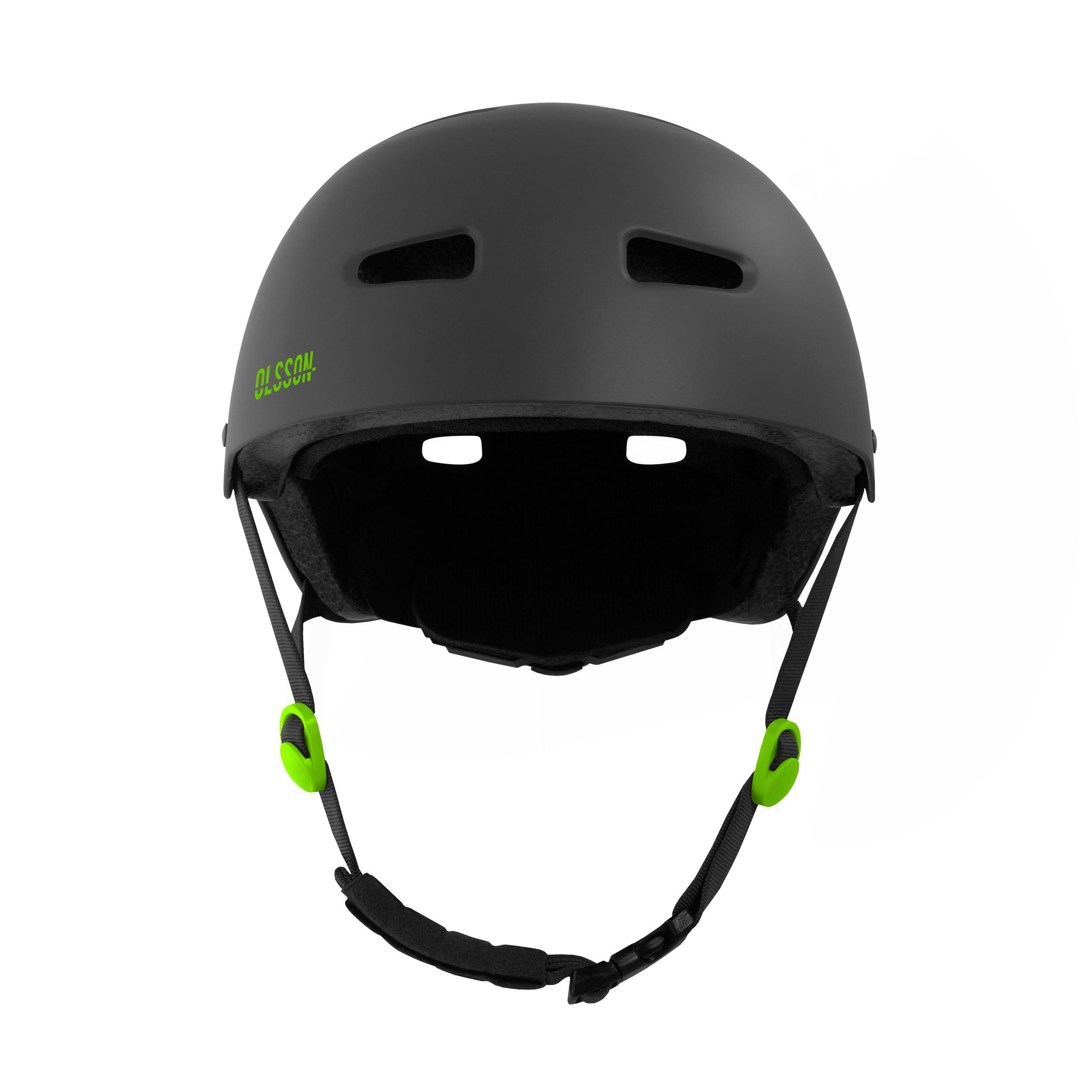 Casco Olsson negro, vista frontal, detalles verdes, fondo blanco.