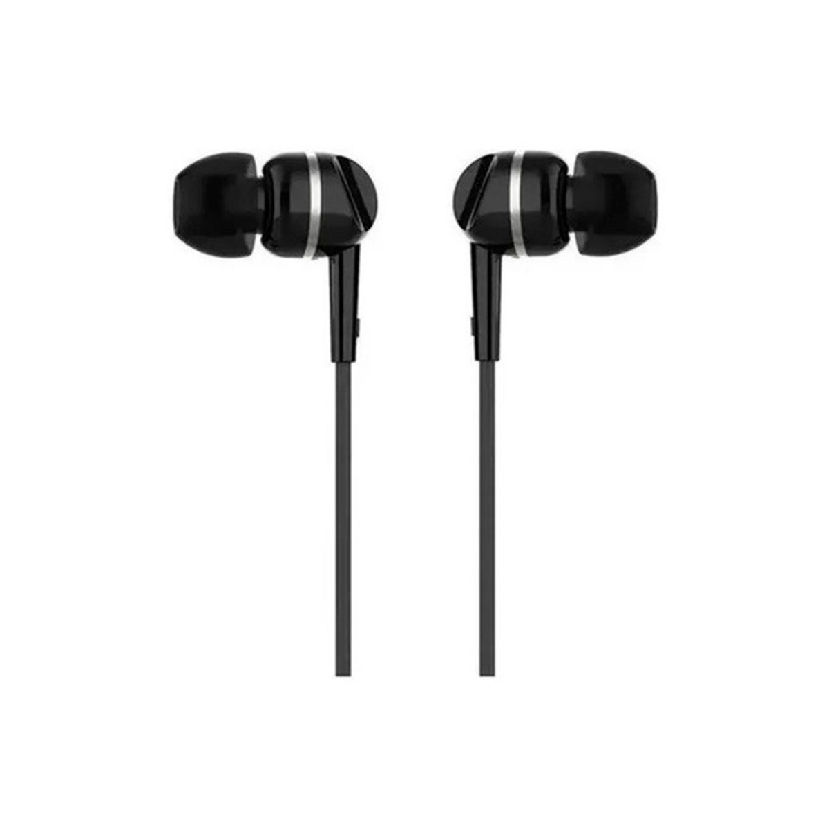 Czarne słuchawki ze srebrnymi akcentami, dwie słuchawki i kabel, białe tło.