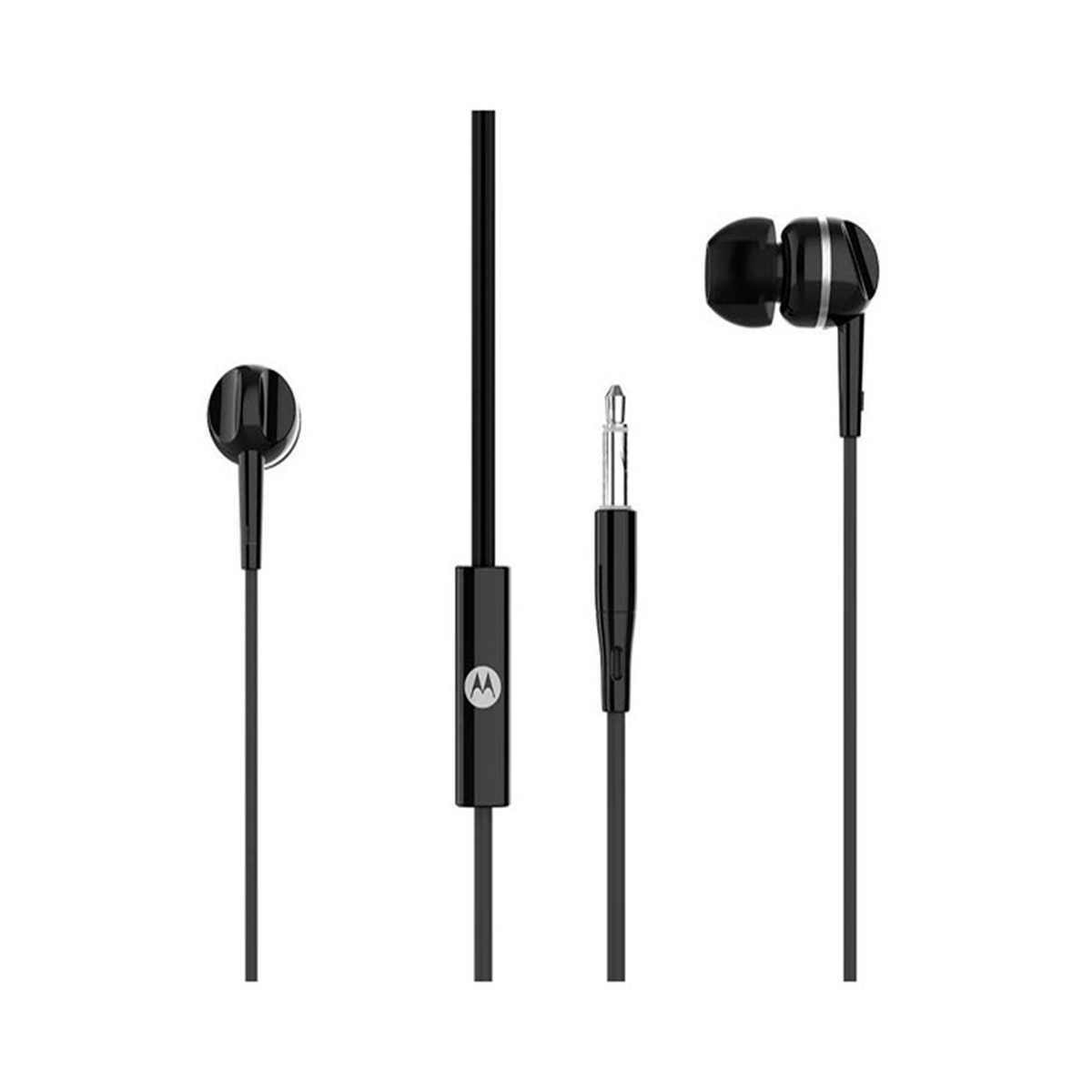 Czarne słuchawki z panelem sterowania Motorola i gniazdem 3,5 mm.