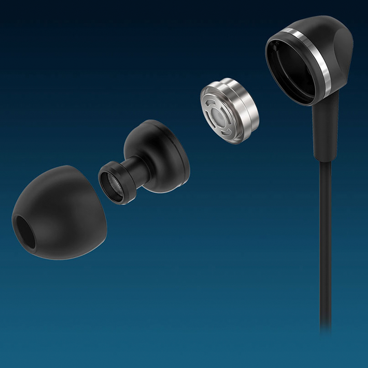 Widok rozłożony słuchawek. Zawiera wkładki, element metalowy i korpus główny.