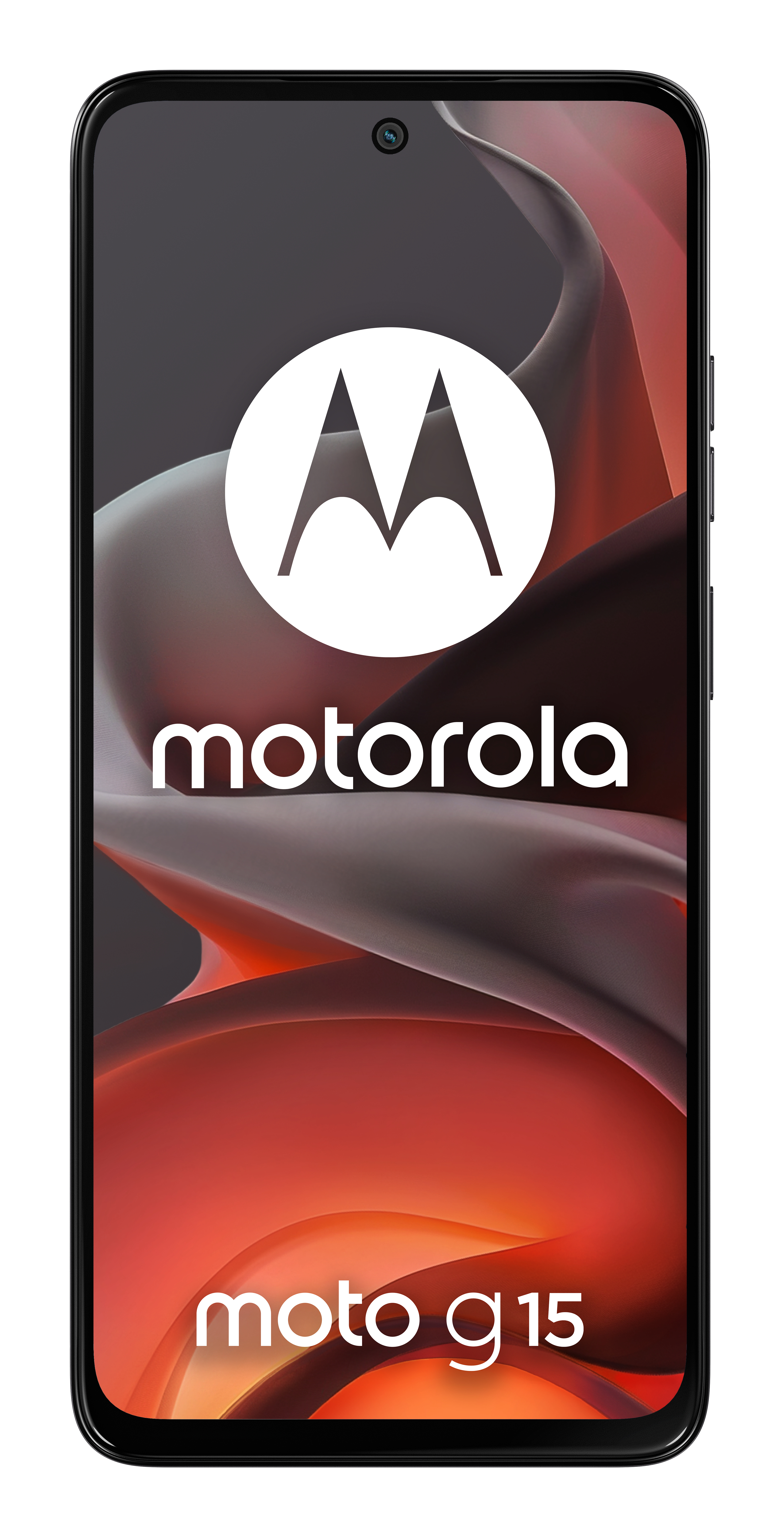 Czarny smartfon Motorola moto g15 z logo i abstrakcyjnym tłem.