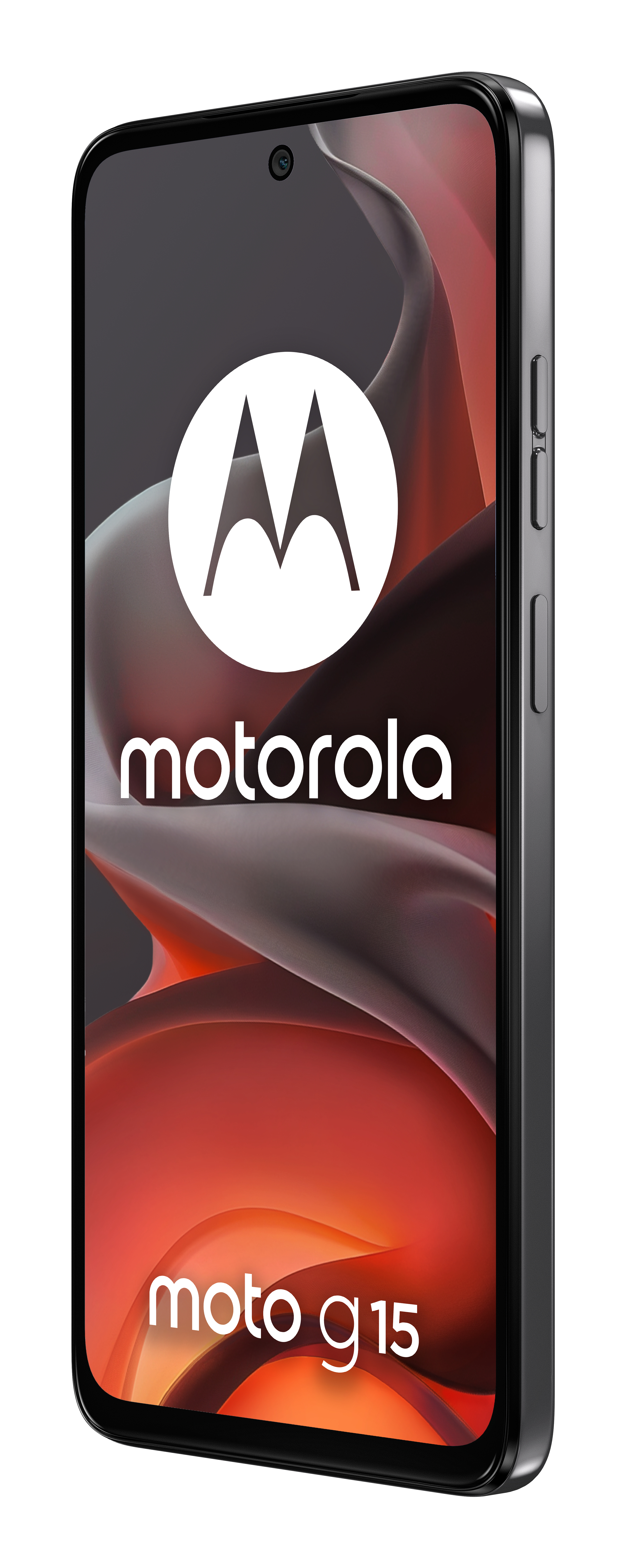 Czarny telefon Motorola z dużym ekranem, pokazujący logo marki.