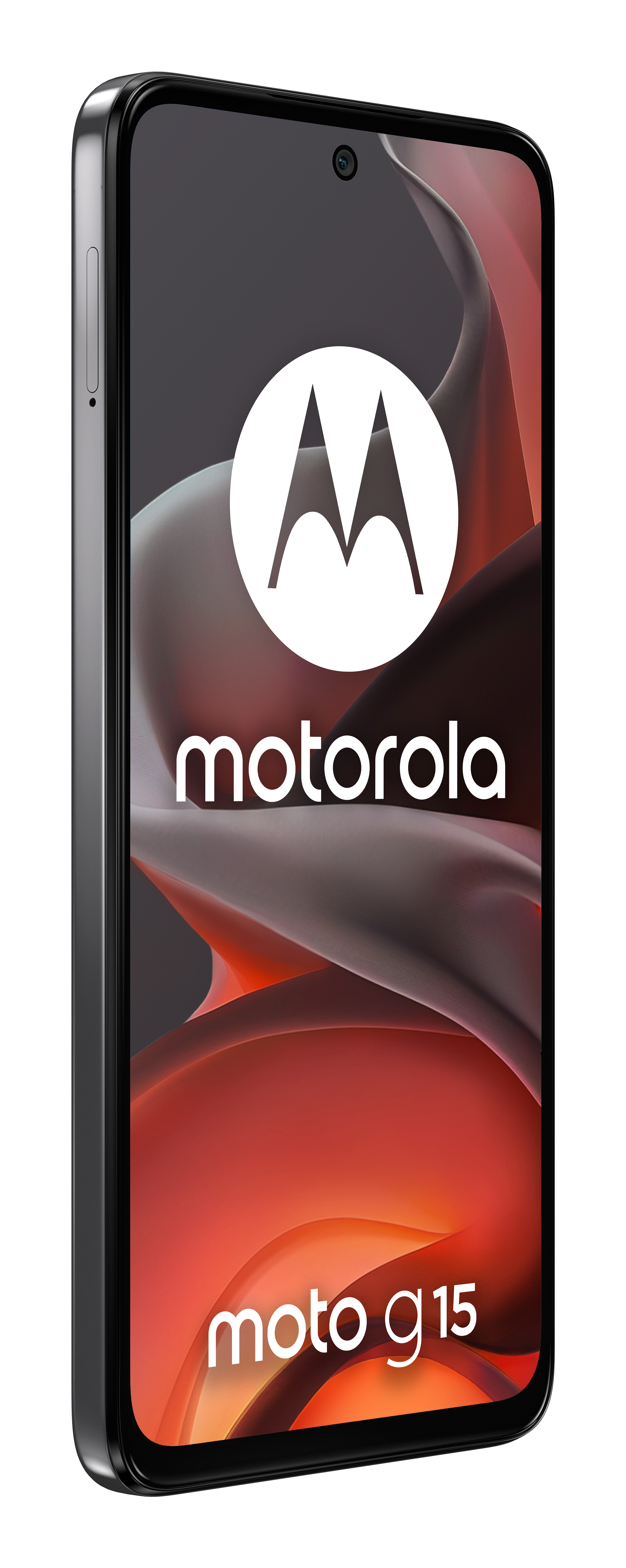 Czarny telefon Motorola Moto G15, widok z boku. Ekran wyświetla logo Motorola.