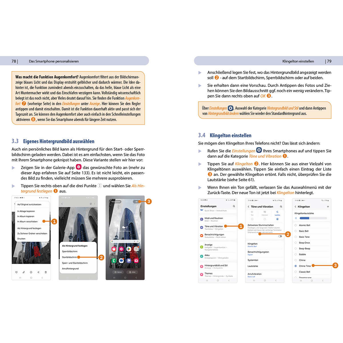 Doppelseite aus einem Buch über die Anpassung eines Smartphones, mit Screenshots und Text.