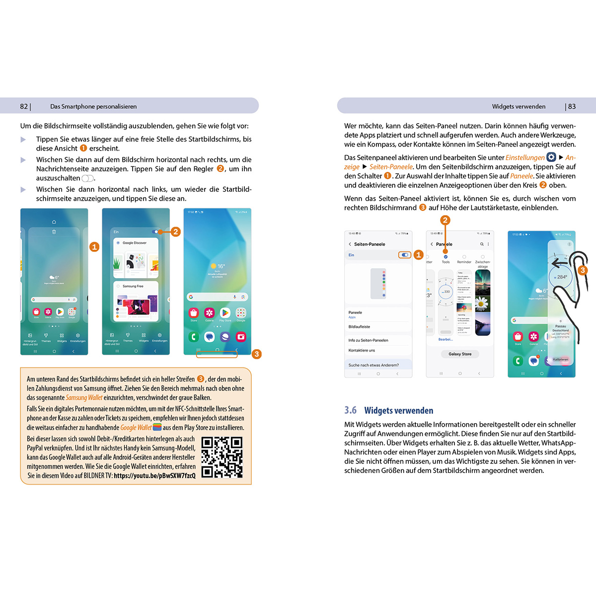 Zwei Buchseiten mit Bildern und deutschem Text. Details zur Smartphone-Personalisierung und Widgets.
