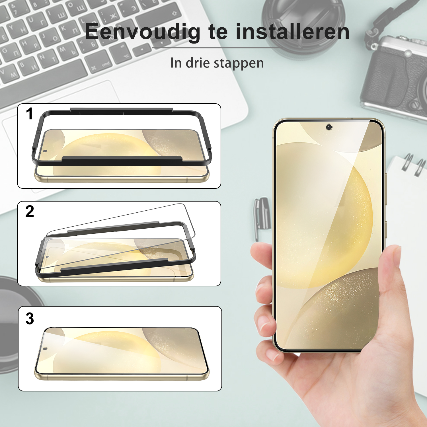 Schritte zur Installation eines Displayschutzes auf einem Telefon, mit Telefon, Schutz und Werkzeugen.