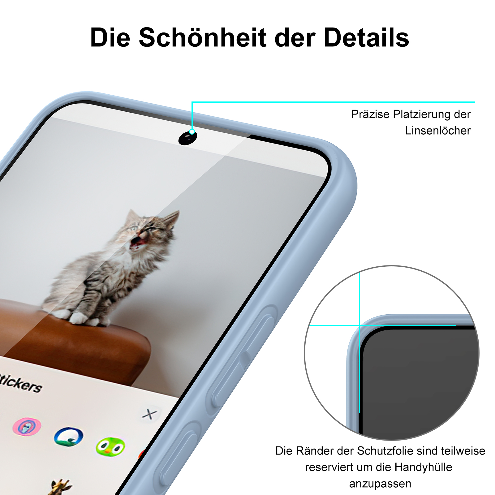 Ein Telefon in einer hellblauen Hülle mit Aufklebern auf dem Bildschirm und einem Katzenbild.