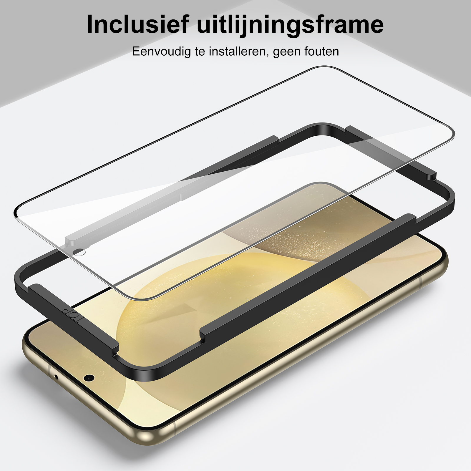 Ein Telefon mit einem klaren Displayschutz, einem schwarzen Rahmen und einem goldenen Telefon.